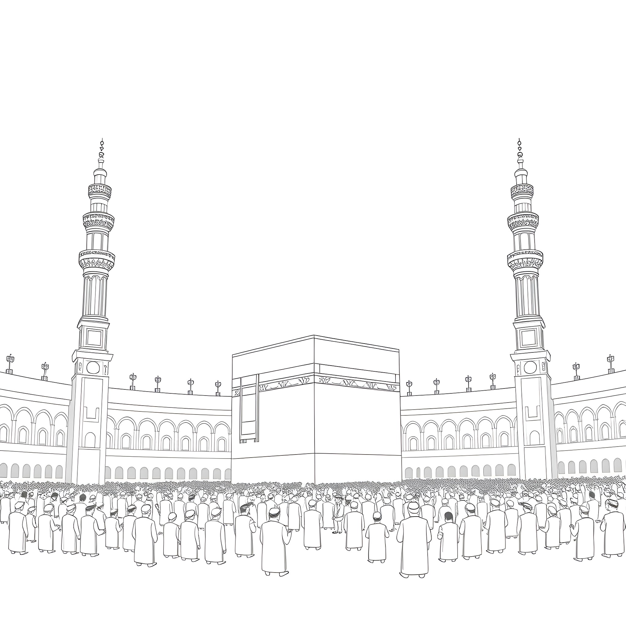 Kabah pilgrimage gathering with worshippers Coloring Page (free black-and-white line drawing printable PDF for all, from beginners to advanced learners, including children, teens, adults, and seniors)