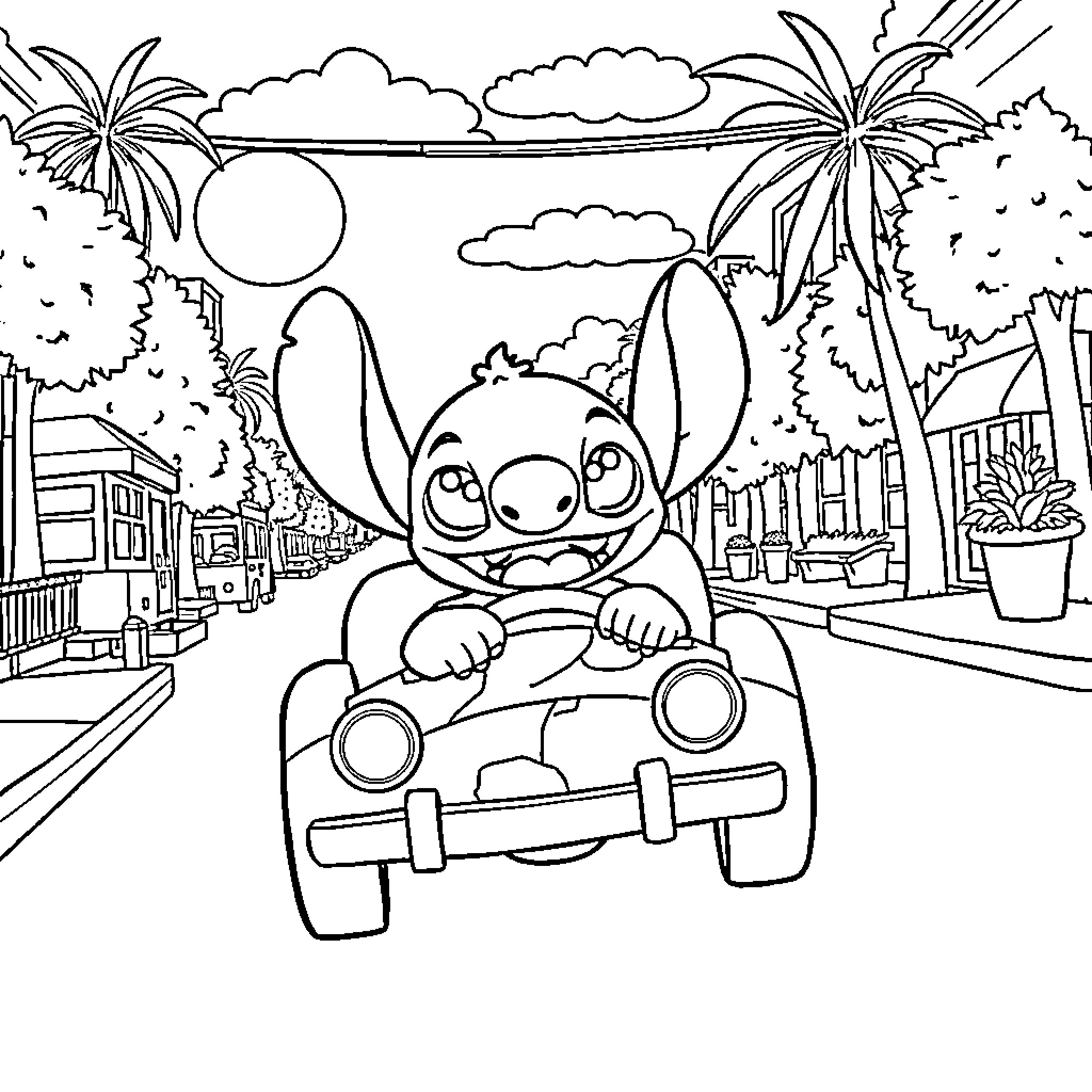Stitch driving a car through a tropical scene Coloring Page (free black-and-white line drawing printable PDF for all, from beginners to advanced learners, including children, teens, adults, and seniors)