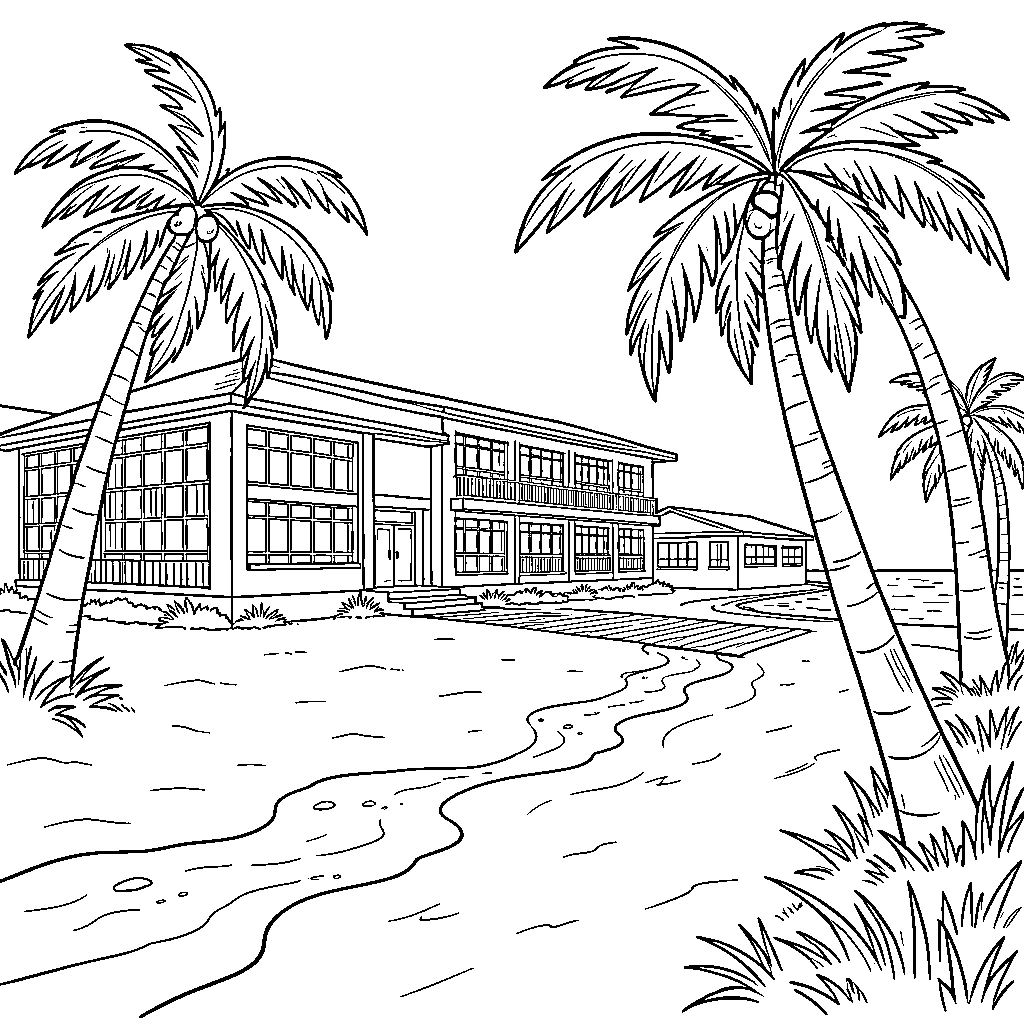 École overlooking a tropical beach with palm trees Coloring Page (free black-and-white line drawing printable PDF for all, from beginners to advanced learners, including children, teens, adults, and seniors)