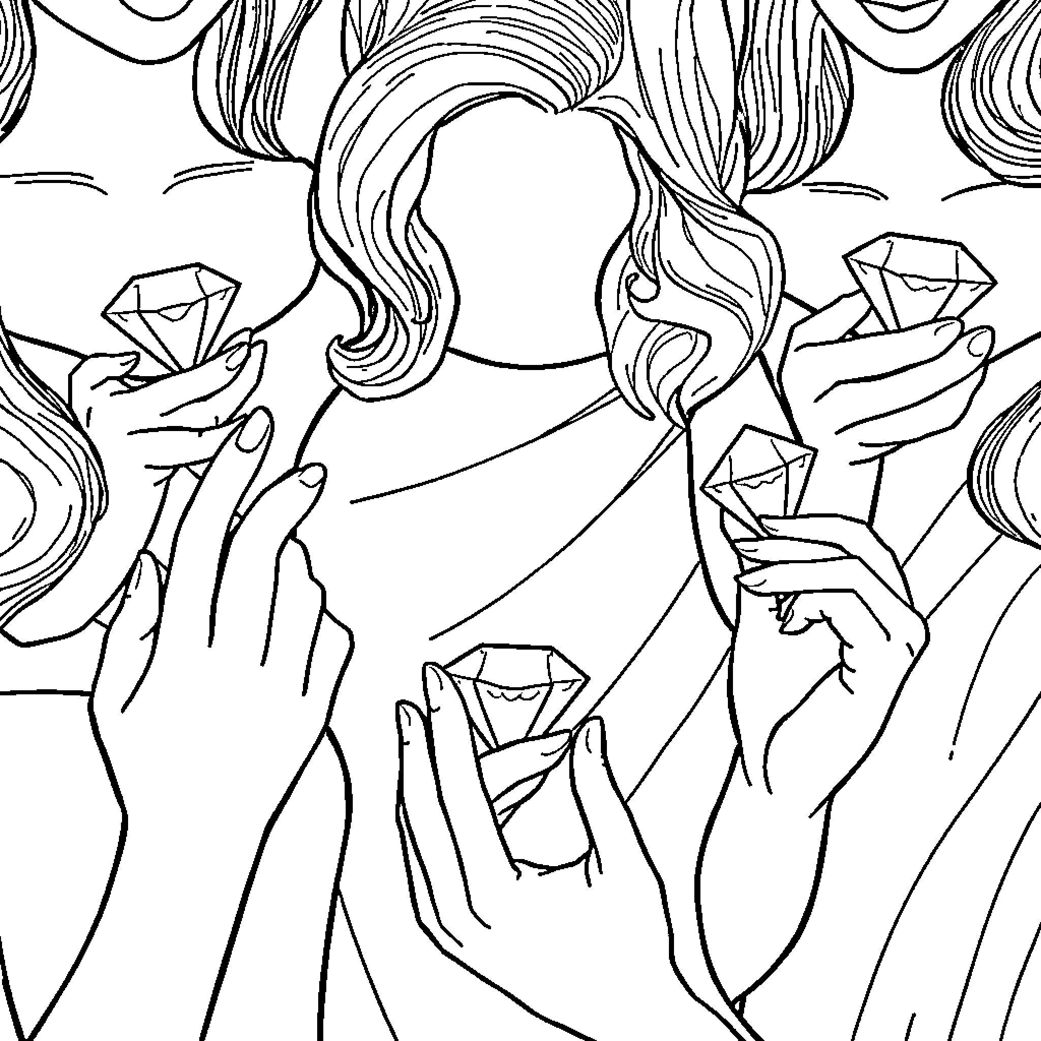 Woman admiring glimmering jewels in her hands Coloring Page (free black-and-white line drawing printable PDF for all, from beginners to advanced learners, including children, teens, adults, and seniors)