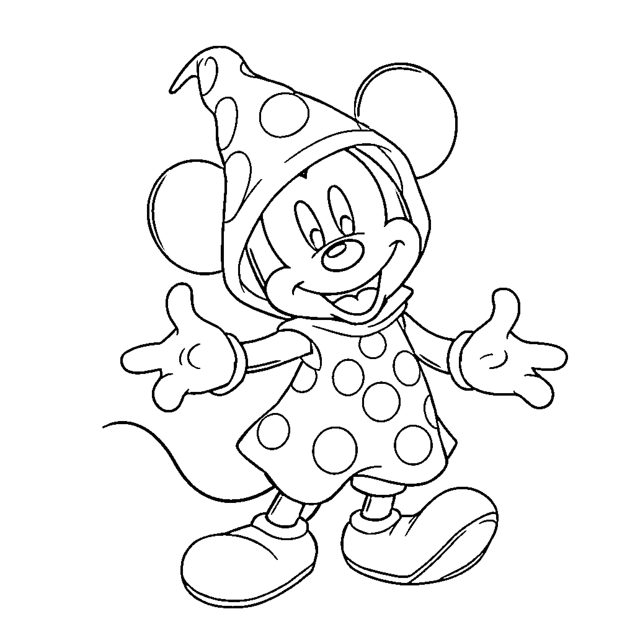 Mickey Mouse in Polka Dot Outfit Expressing Joy Coloring Page (free black-and-white line drawing printable PDF for all, from beginners to advanced learners, including children, teens, adults, and seniors)