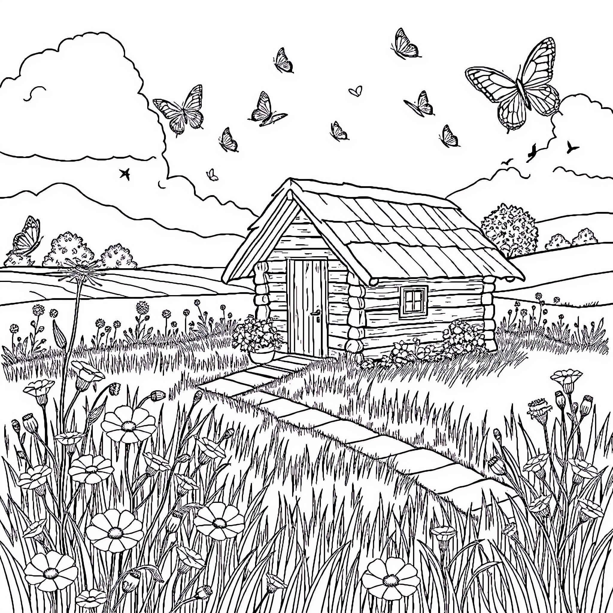 Cottagecore scene with log cabin and butterflies Coloring Page (free black-and-white line drawing printable PDF for all, from beginners to advanced learners, including children, teens, adults, and seniors)