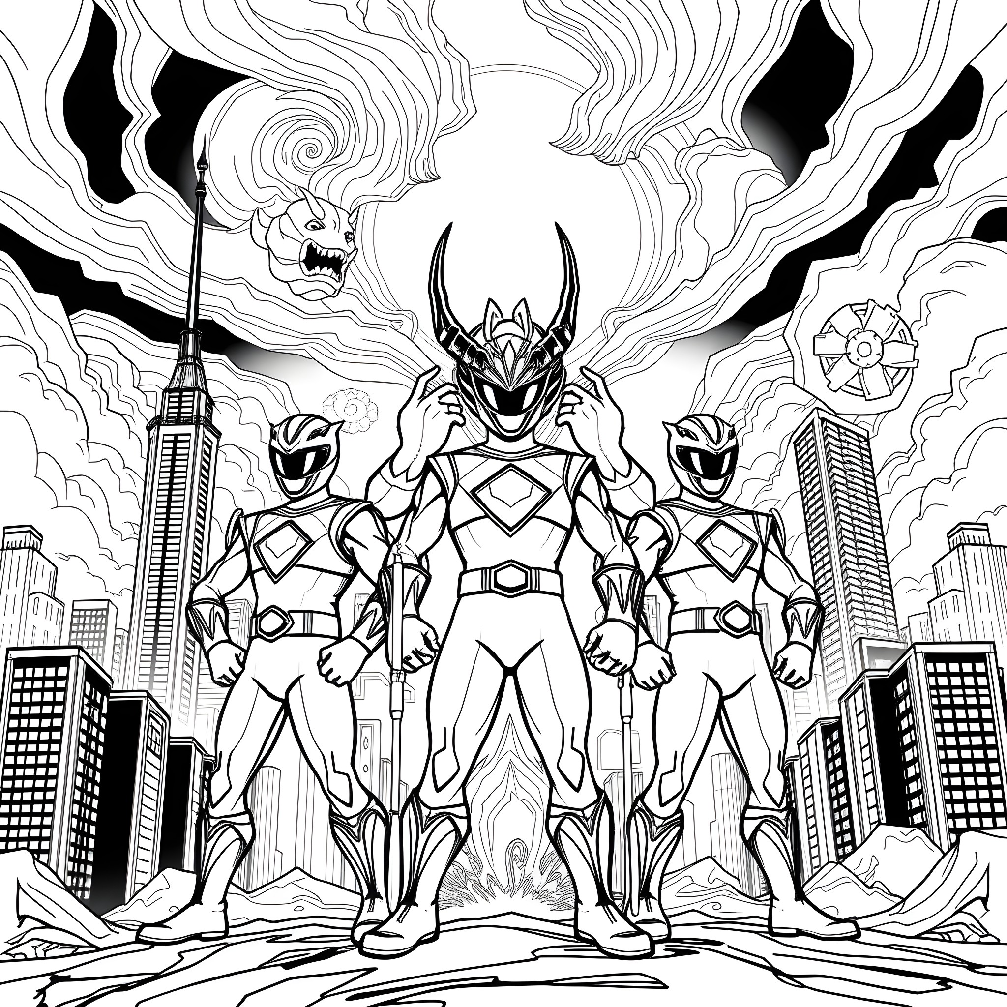 Power Rangers Facing Cosmic Threats in the City Coloring Page (free black-and-white line drawing printable PDF for all, from beginners to advanced learners, including children, teens, adults, and seniors)