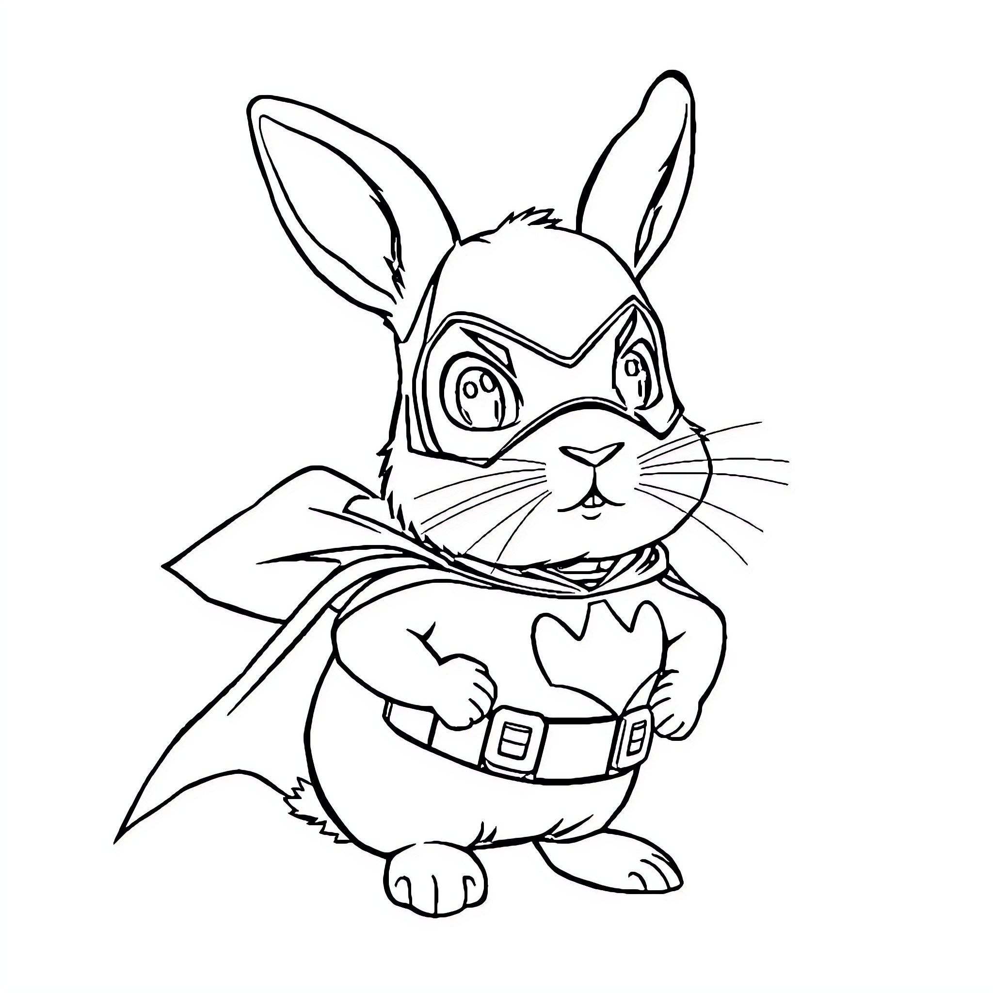 Rabbit superhero in action pose Coloring Page (free black-and-white line drawing printable PDF for all, from beginners to advanced learners, including children, teens, adults, and seniors)