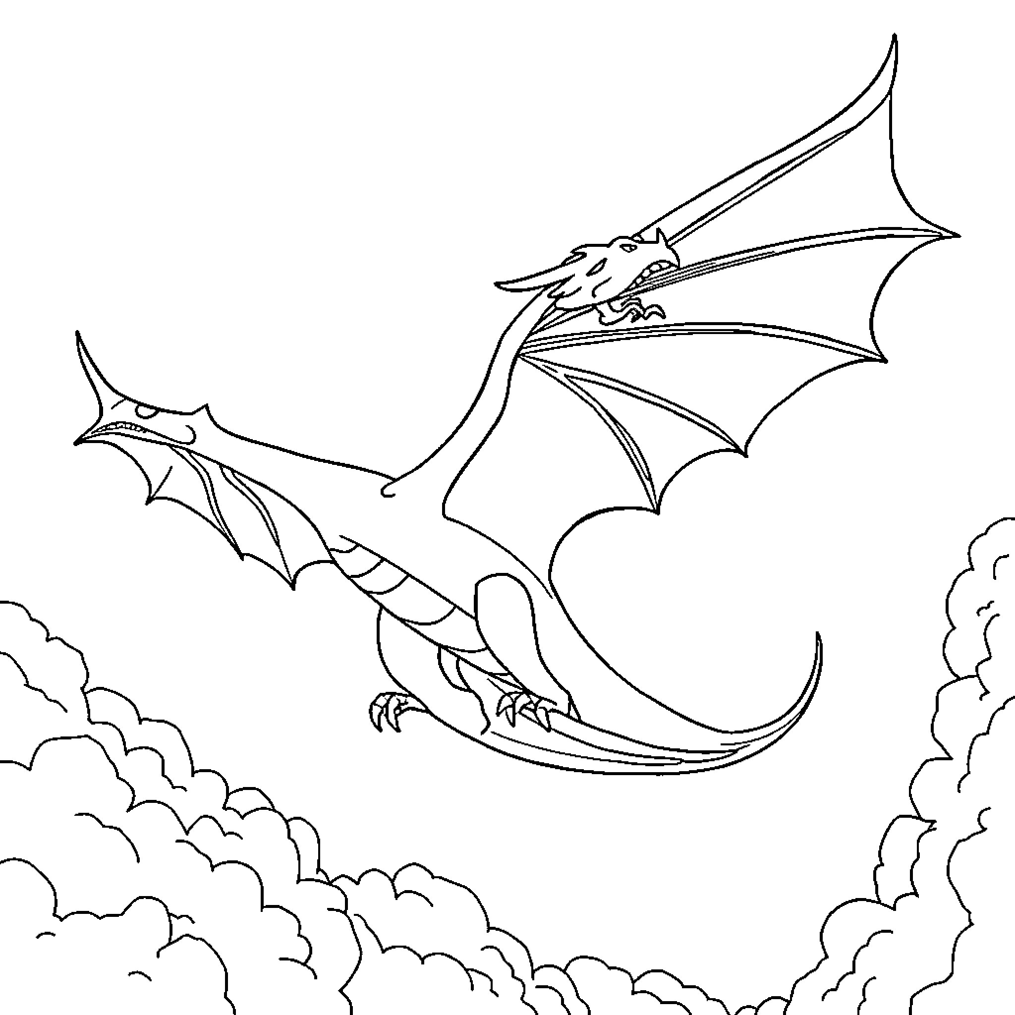 Dragon soaring through the clouds Coloring Page (free black-and-white line drawing printable PDF for all, from beginners to advanced learners, including children, teens, adults, and seniors)