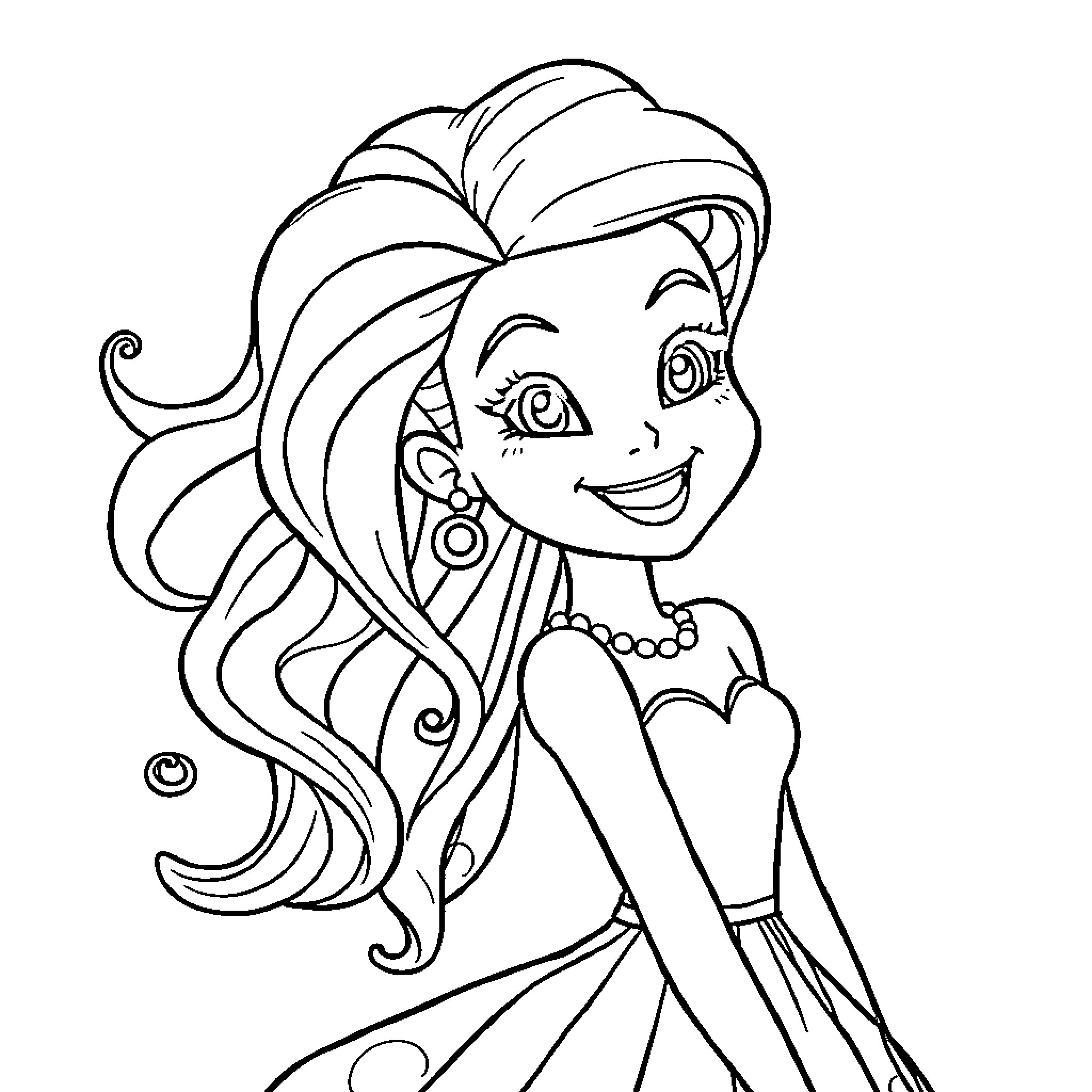 Lola's Enchanting Attire and Joyful Expression Coloring Page (free black-and-white line drawing printable PDF for all, from beginners to advanced learners, including children, teens, adults, and seniors)
