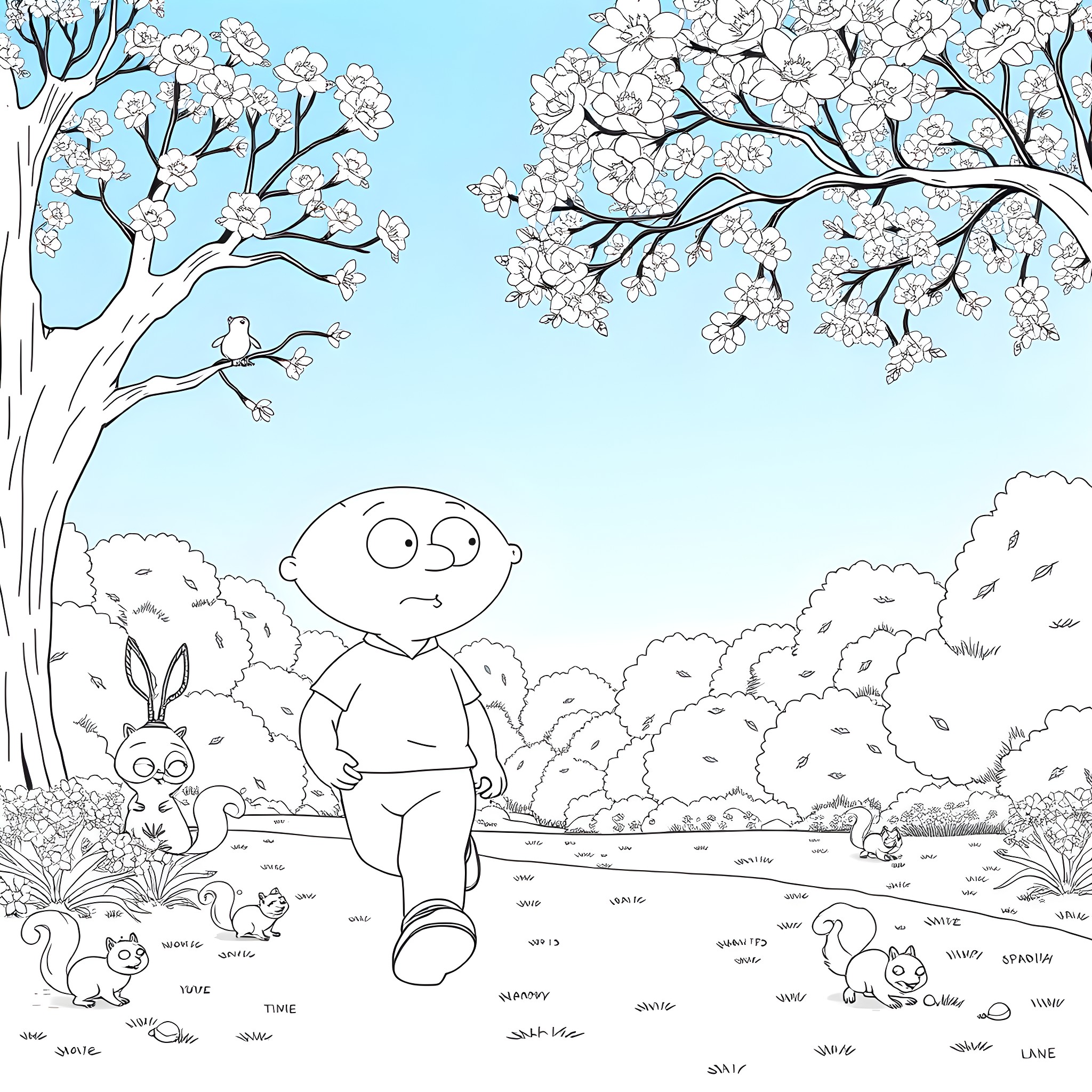 Stewie Griffin exploring a whimsical forest scene Coloring Page (free black-and-white line drawing printable PDF for all, from beginners to advanced learners, including children, teens, adults, and seniors)