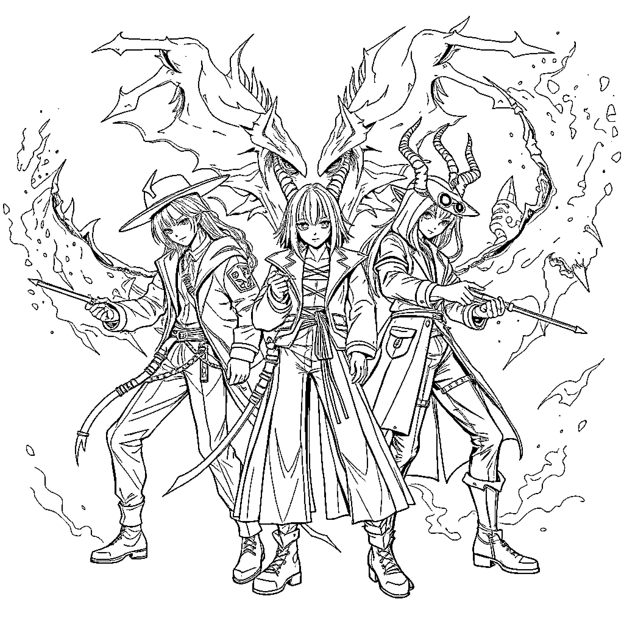 Demonhunter Warriors Wielding Mystical Weapons Coloring Page (free black-and-white line drawing printable PDF for all, from beginners to advanced learners, including children, teens, adults, and seniors)