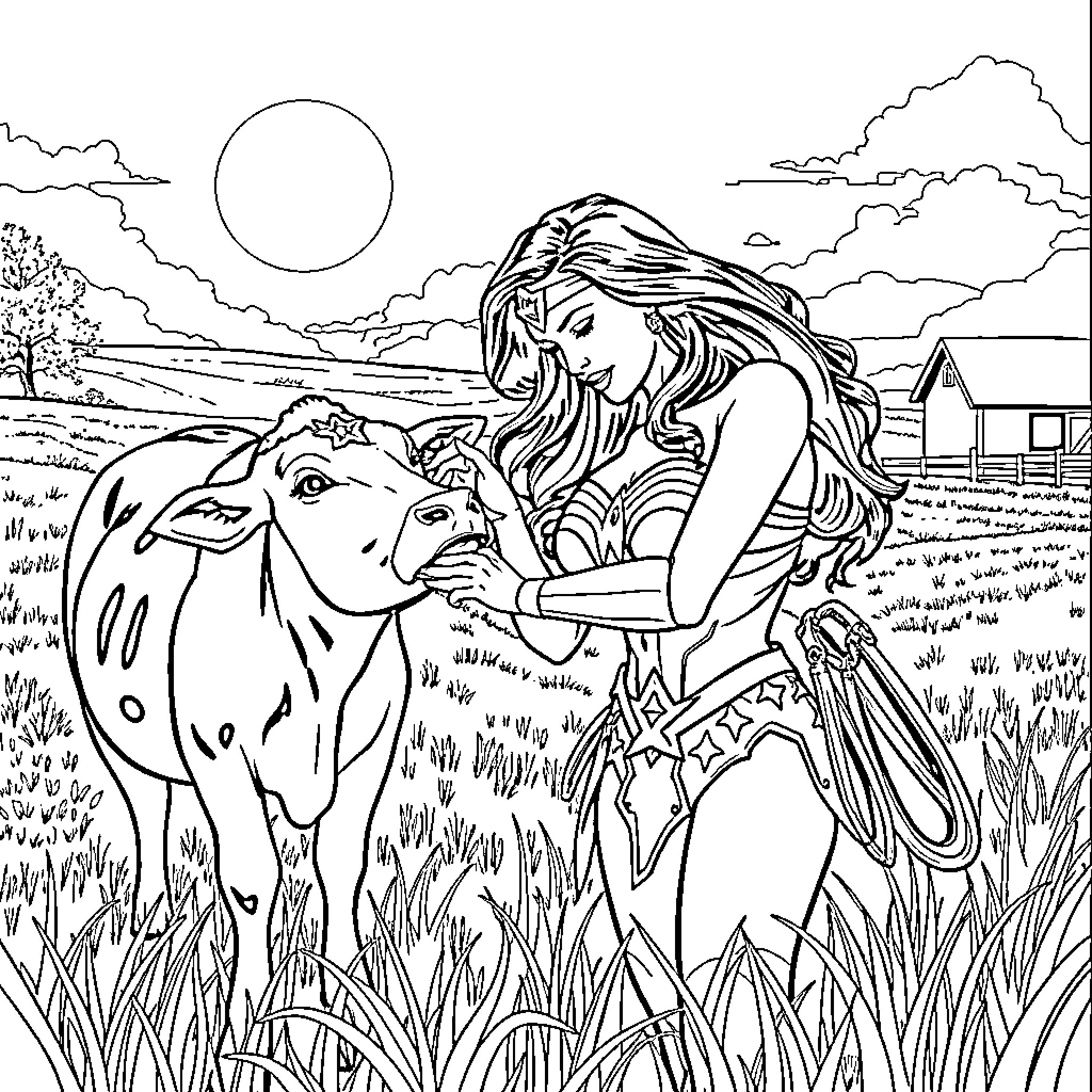 Wonder Woman caring for a farm animal in a rural setting Coloring Page (free black-and-white line drawing printable PDF for all, from beginners to advanced learners, including children, teens, adults, and seniors)