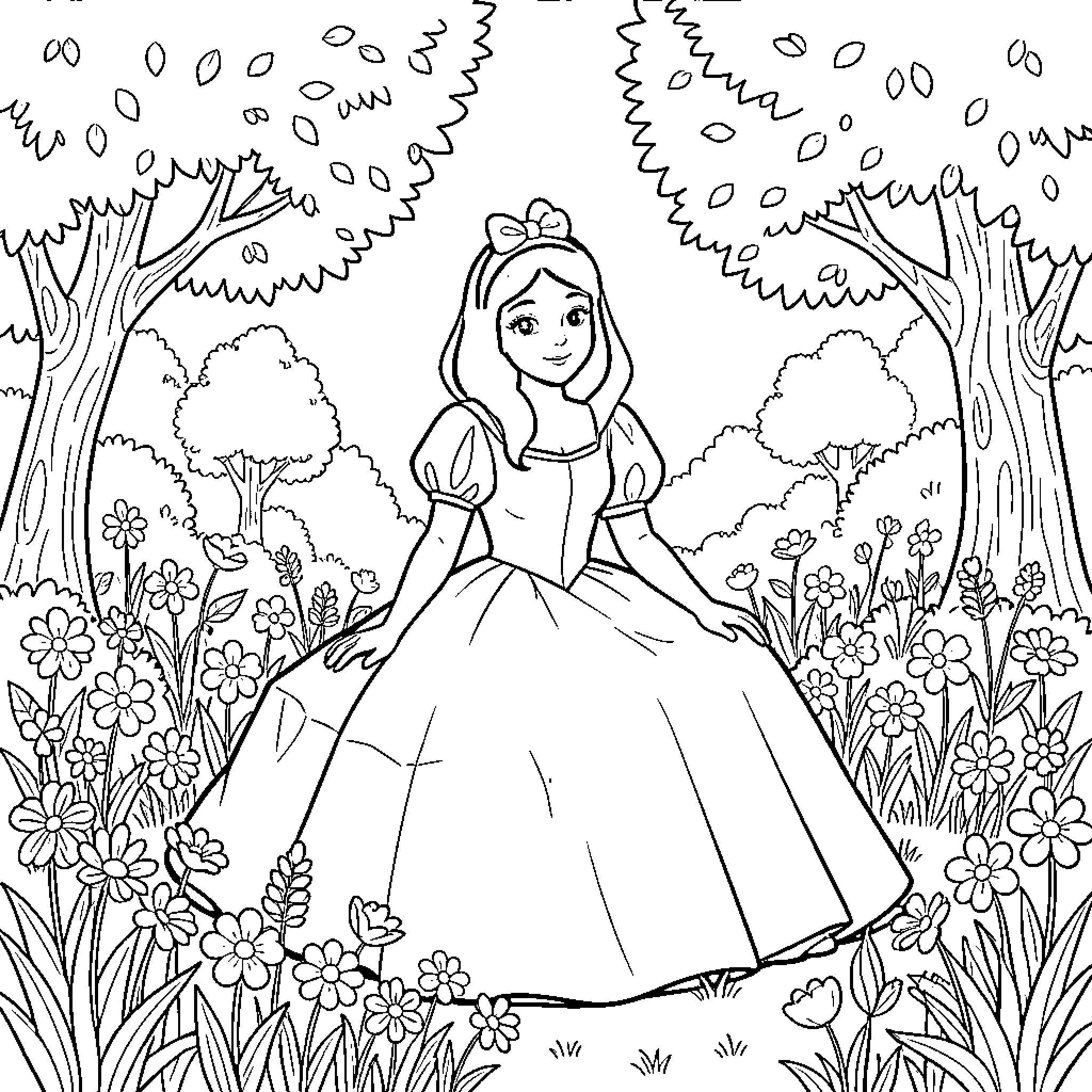 Snow White in a Floral Garden Coloring Page (free black-and-white line drawing printable PDF for all, from beginners to advanced learners, including children, teens, adults, and seniors)