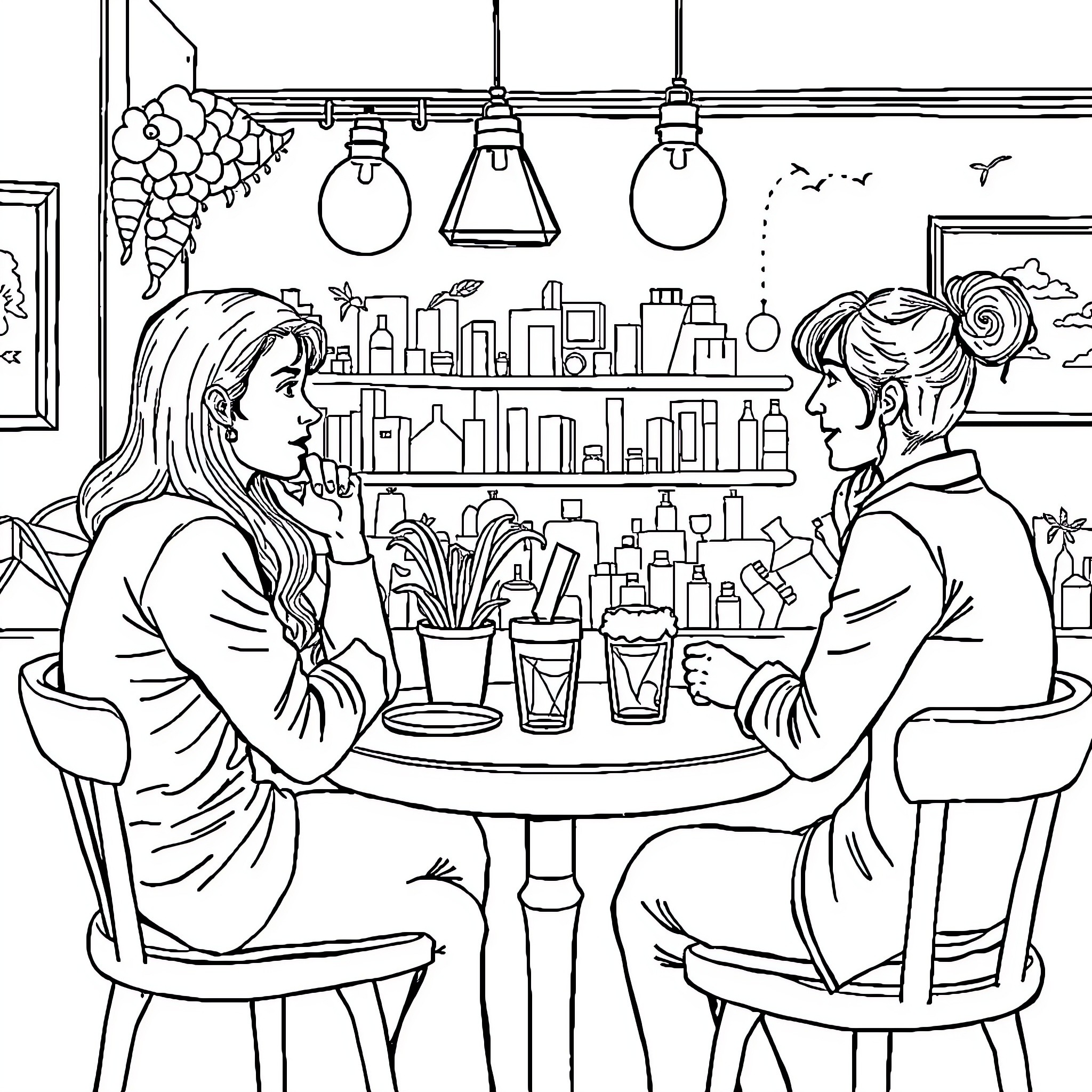 Cat Enjoying Cozy Cafe Conversation Coloring Page (free black-and-white line drawing printable PDF for all, from beginners to advanced learners, including children, teens, adults, and seniors)