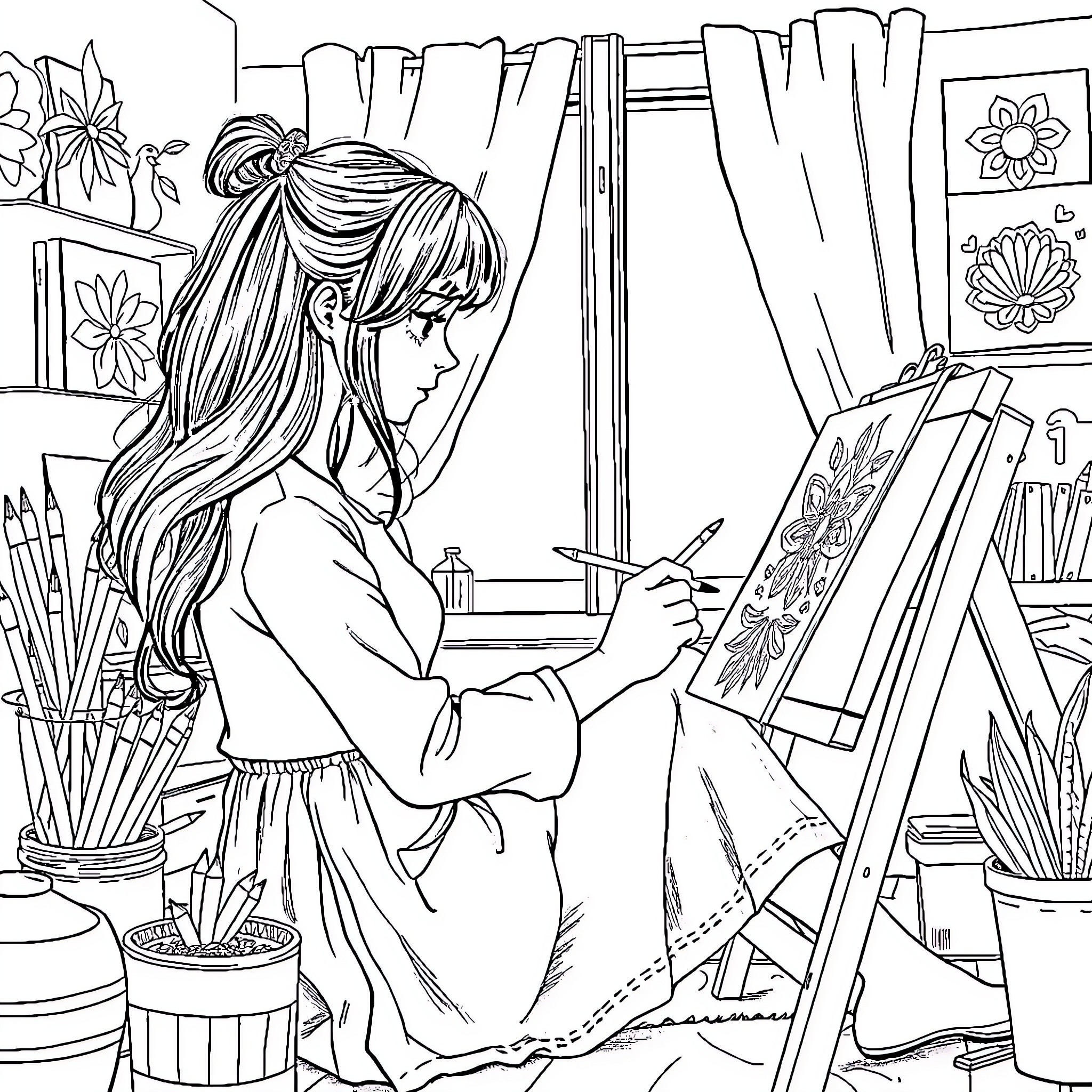 Emma's Artistic Retreat: A Young Woman Painting at Her Easel Coloring Page (free black-and-white line drawing printable PDF for all, from beginners to advanced learners, including children, teens, adults, and seniors)