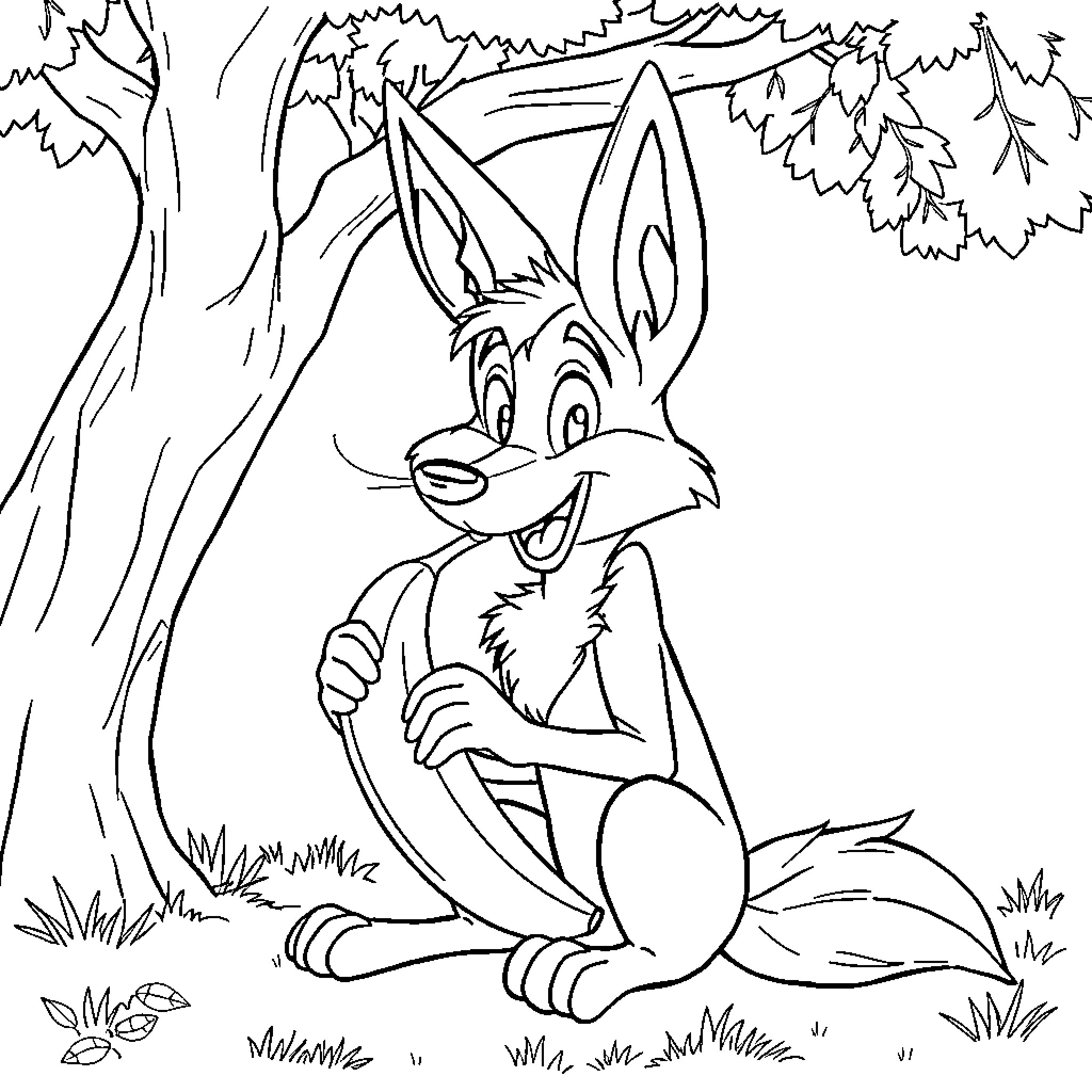 Coyote sitting in the forest Coloring Page (free black-and-white line drawing printable PDF for all, from beginners to advanced learners, including children, teens, adults, and seniors)