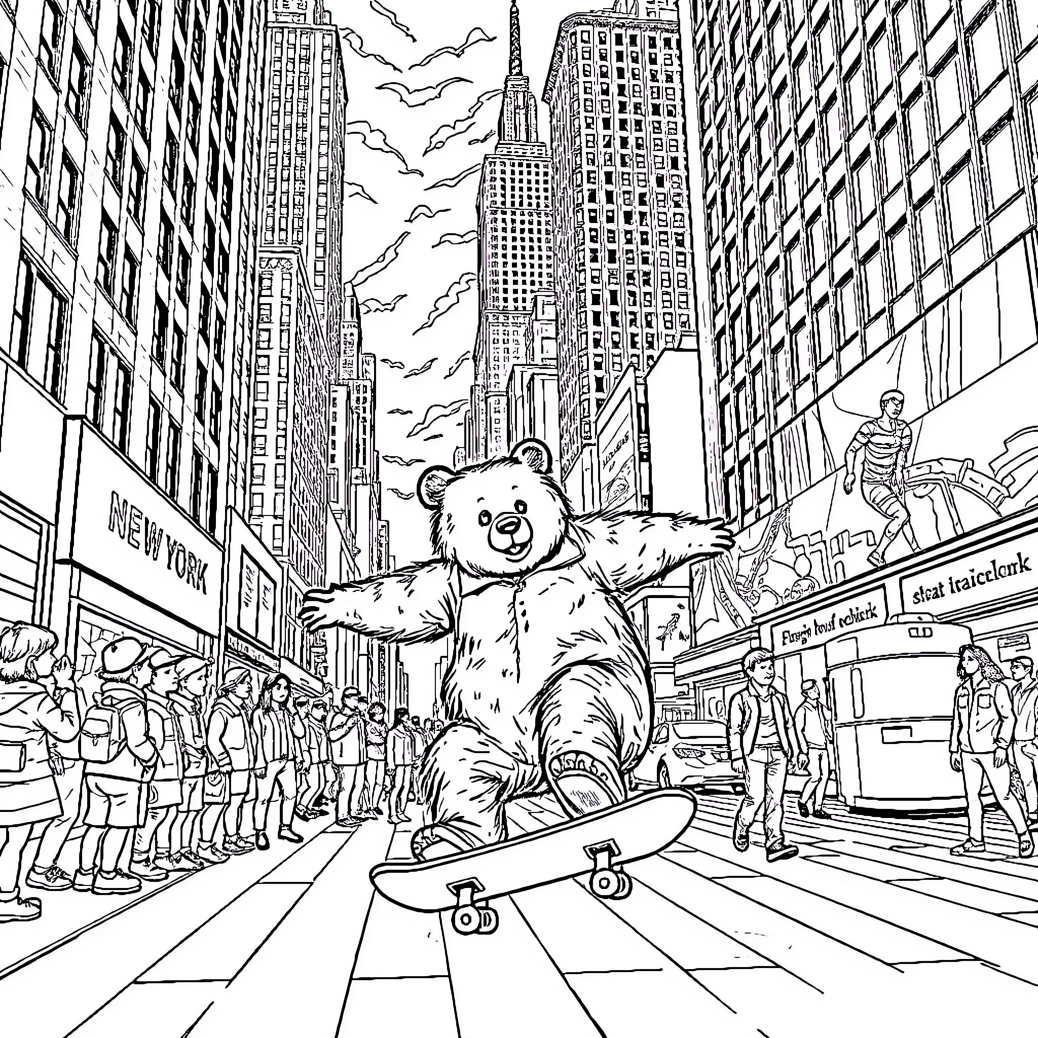 Bear skateboarding through a busy city street Coloring Page (free black-and-white line drawing printable PDF for all, from beginners to advanced learners, including children, teens, adults, and seniors)