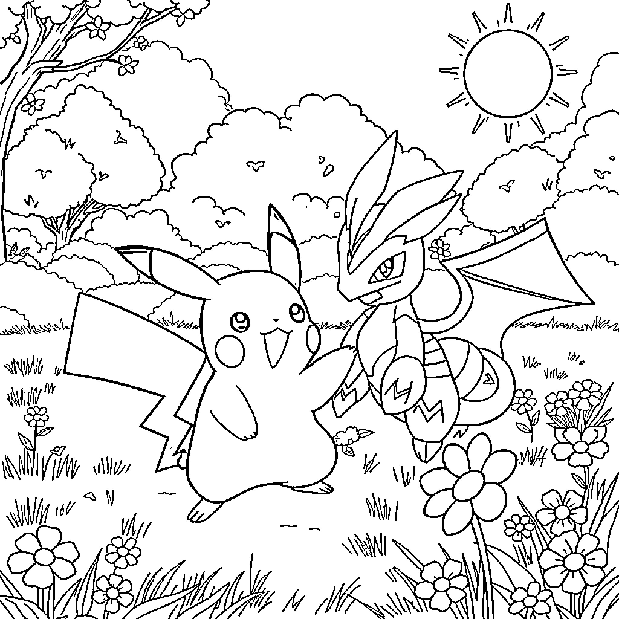 Pikachu playing joyfully in a vibrant outdoor scene Coloring Page (free black-and-white line drawing printable PDF for all, from beginners to advanced learners, including children, teens, adults, and seniors)