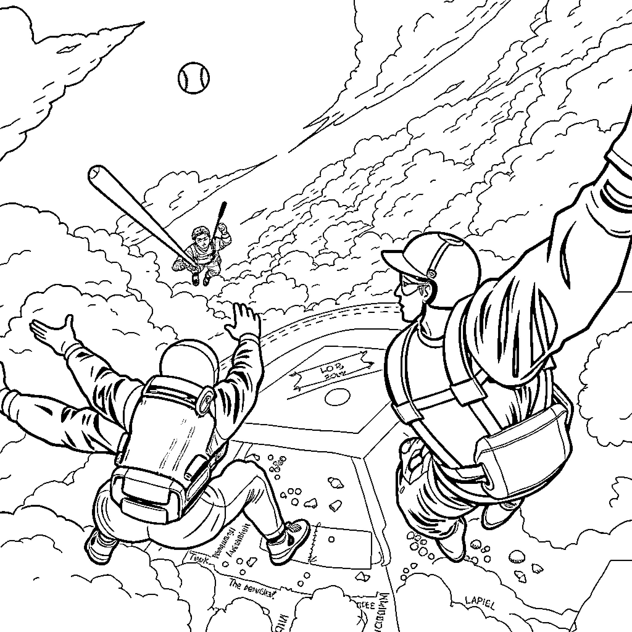 Baseball players competing in an intense game Coloring Page (free black-and-white line drawing printable PDF for all, from beginners to advanced learners, including children, teens, adults, and seniors)