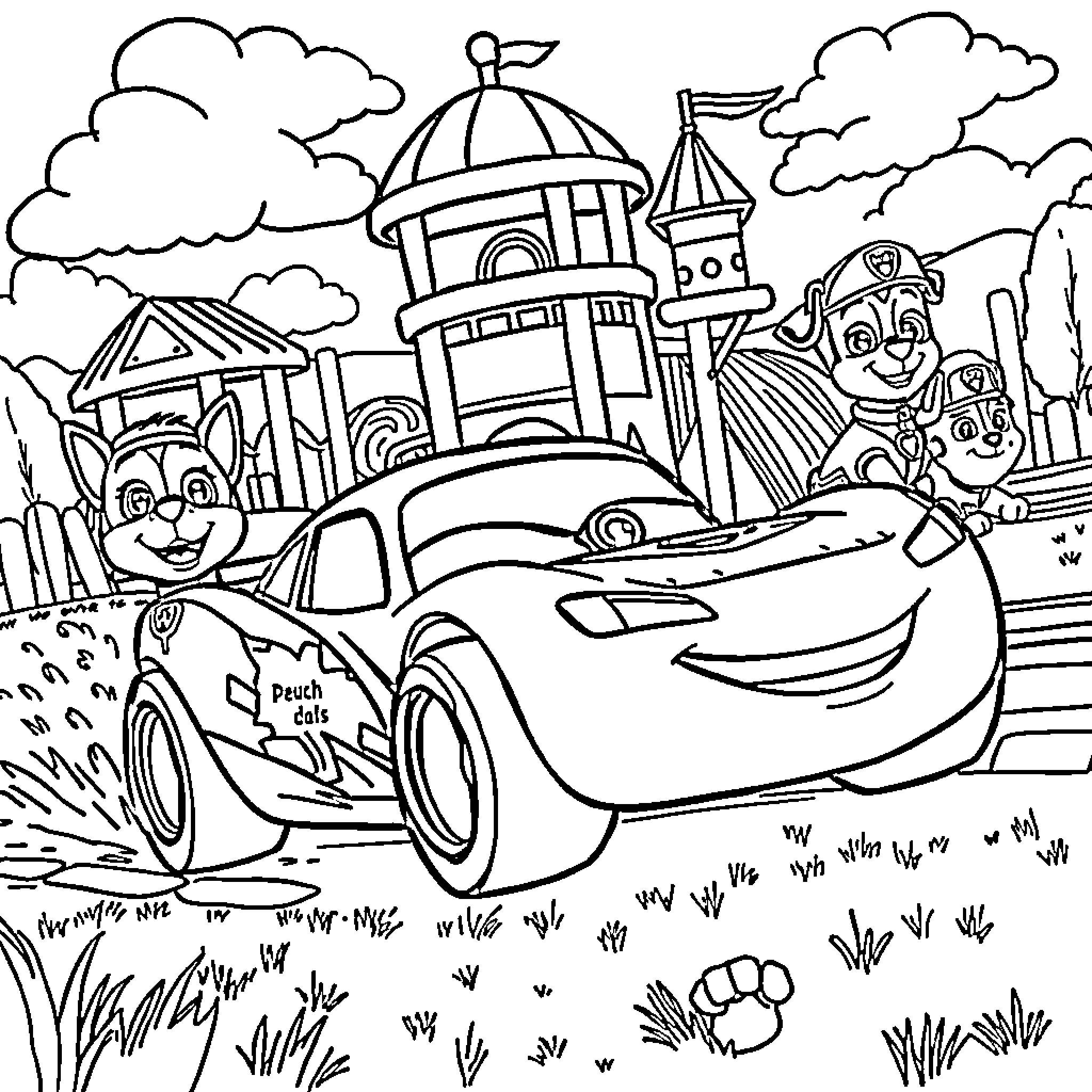 Lightning McQueen racing through the colorful town Coloring Page (free black-and-white line drawing printable PDF for all, from beginners to advanced learners, including children, teens, adults, and seniors)