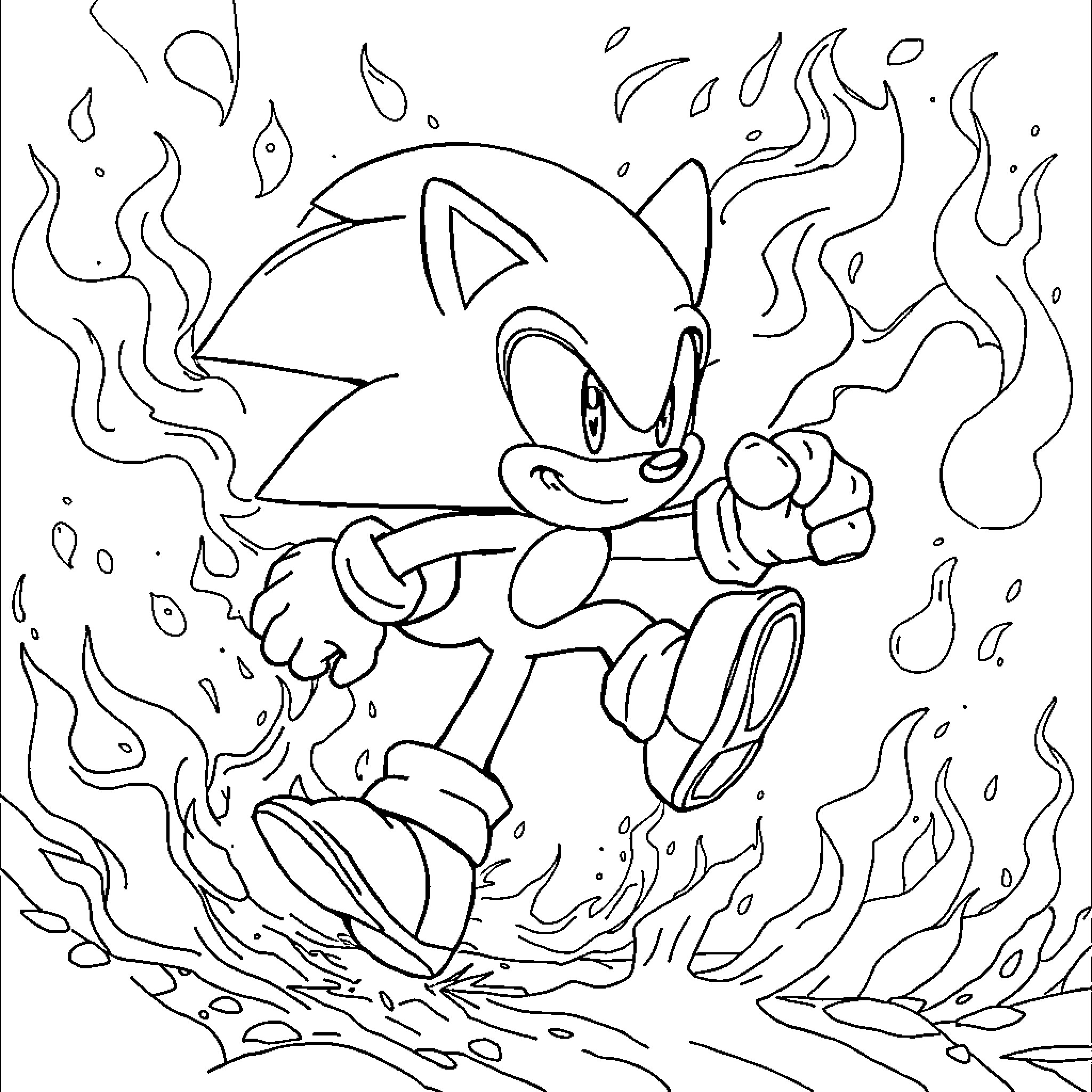 Sonic running dynamically through intense flames Coloring Page (free black-and-white line drawing printable PDF for all, from beginners to advanced learners, including children, teens, adults, and seniors)