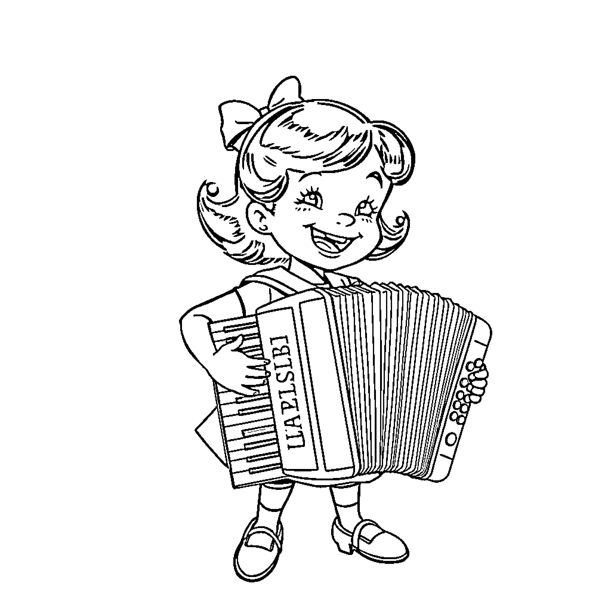 Girl Joyfully Playing Accordion Coloring Page (free black-and-white line drawing printable PDF for all, from beginners to advanced learners, including children, teens, adults, and seniors)