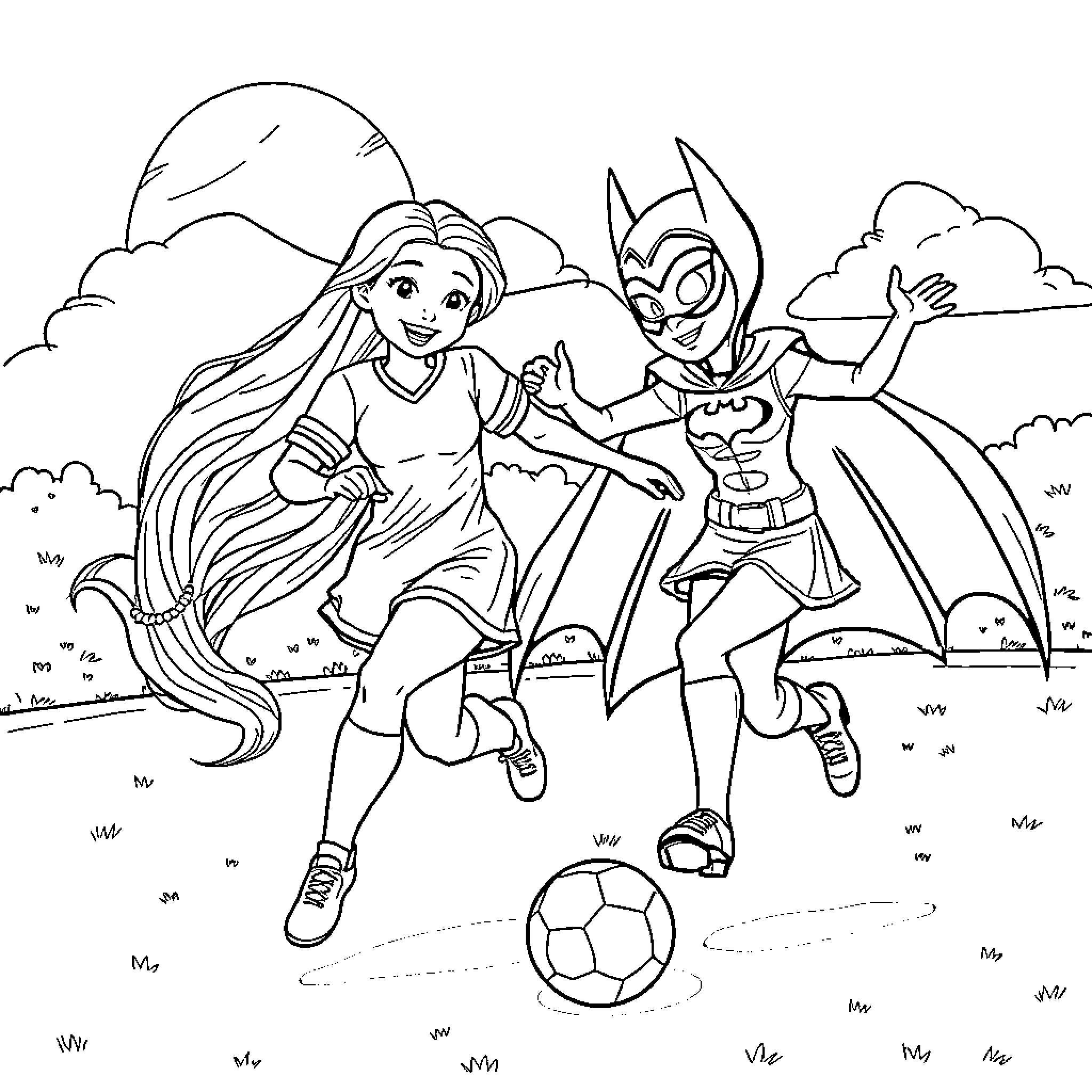 Rapunzel and Superhero Playing Soccer in the Park Coloring Page (free black-and-white line drawing printable PDF for all, from beginners to advanced learners, including children, teens, adults, and seniors)