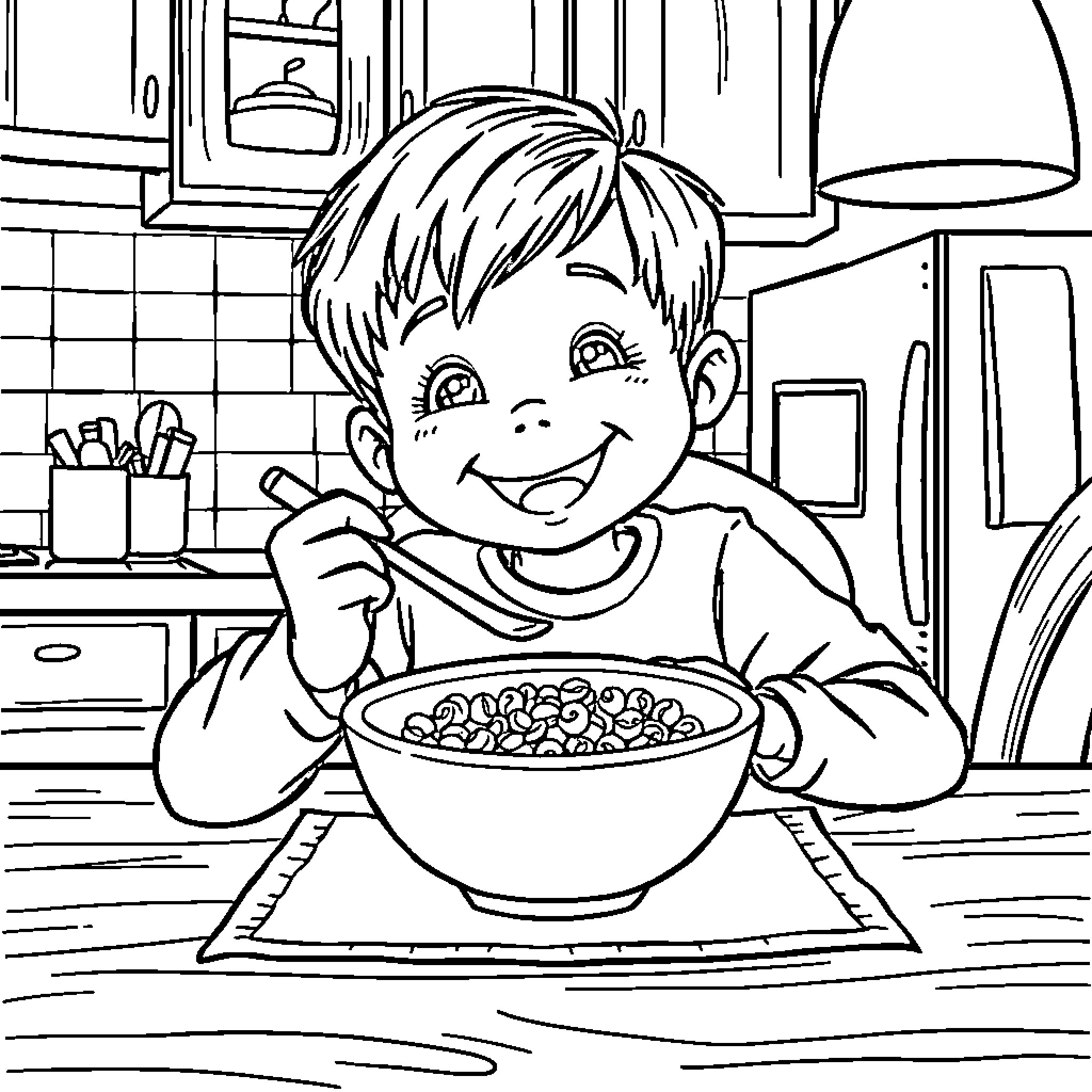 Kid enjoying a delicious meal in the kitchen Coloring Page (free black-and-white line drawing printable PDF for all, from beginners to advanced learners, including children, teens, adults, and seniors)