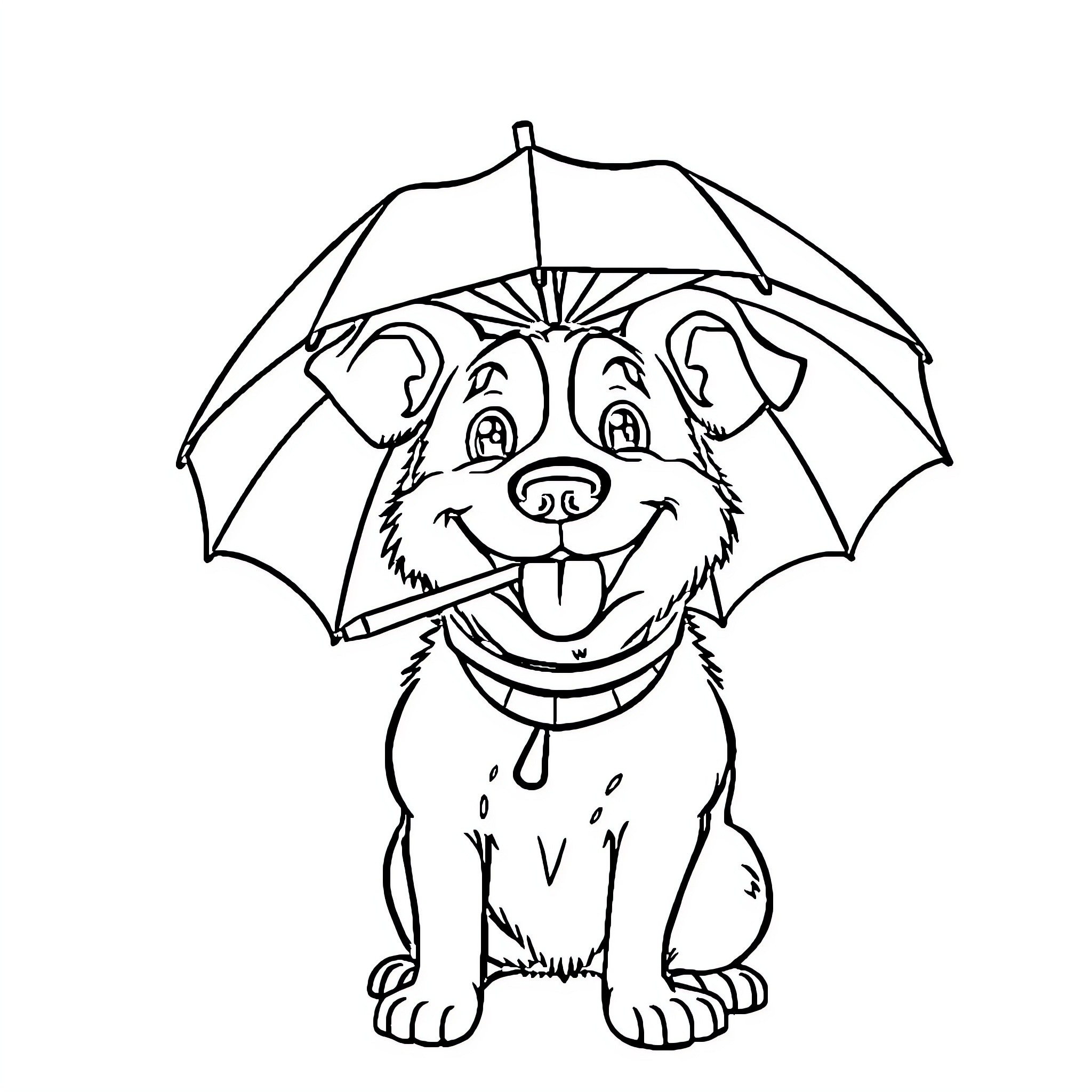 Dog happily holding an umbrella Coloring Page (free black-and-white line drawing printable PDF for all, from beginners to advanced learners, including children, teens, adults, and seniors)