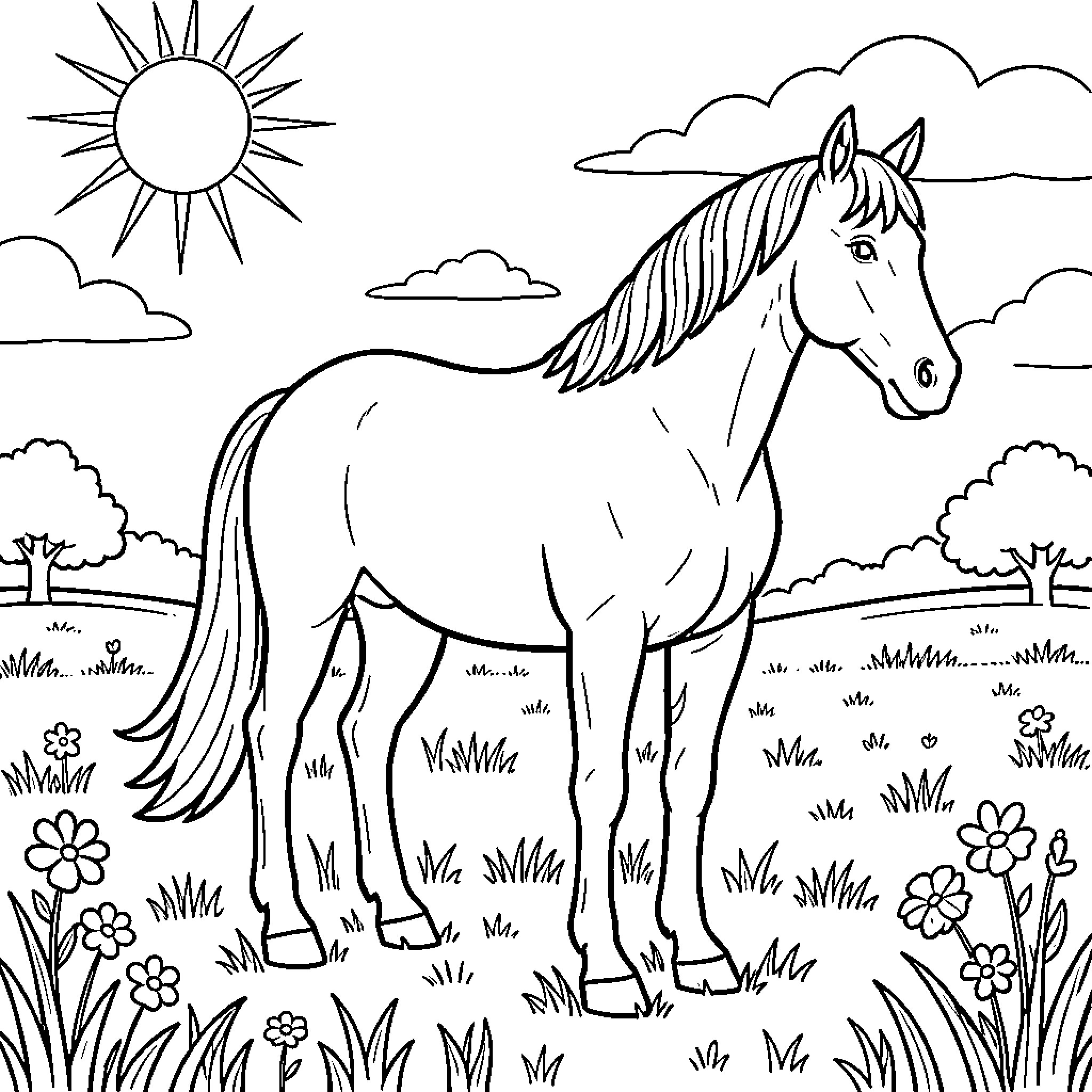 Horse in Peaceful Countryside Landscape Coloring Page (free black-and-white line drawing printable PDF for all, from beginners to advanced learners, including children, teens, adults, and seniors)