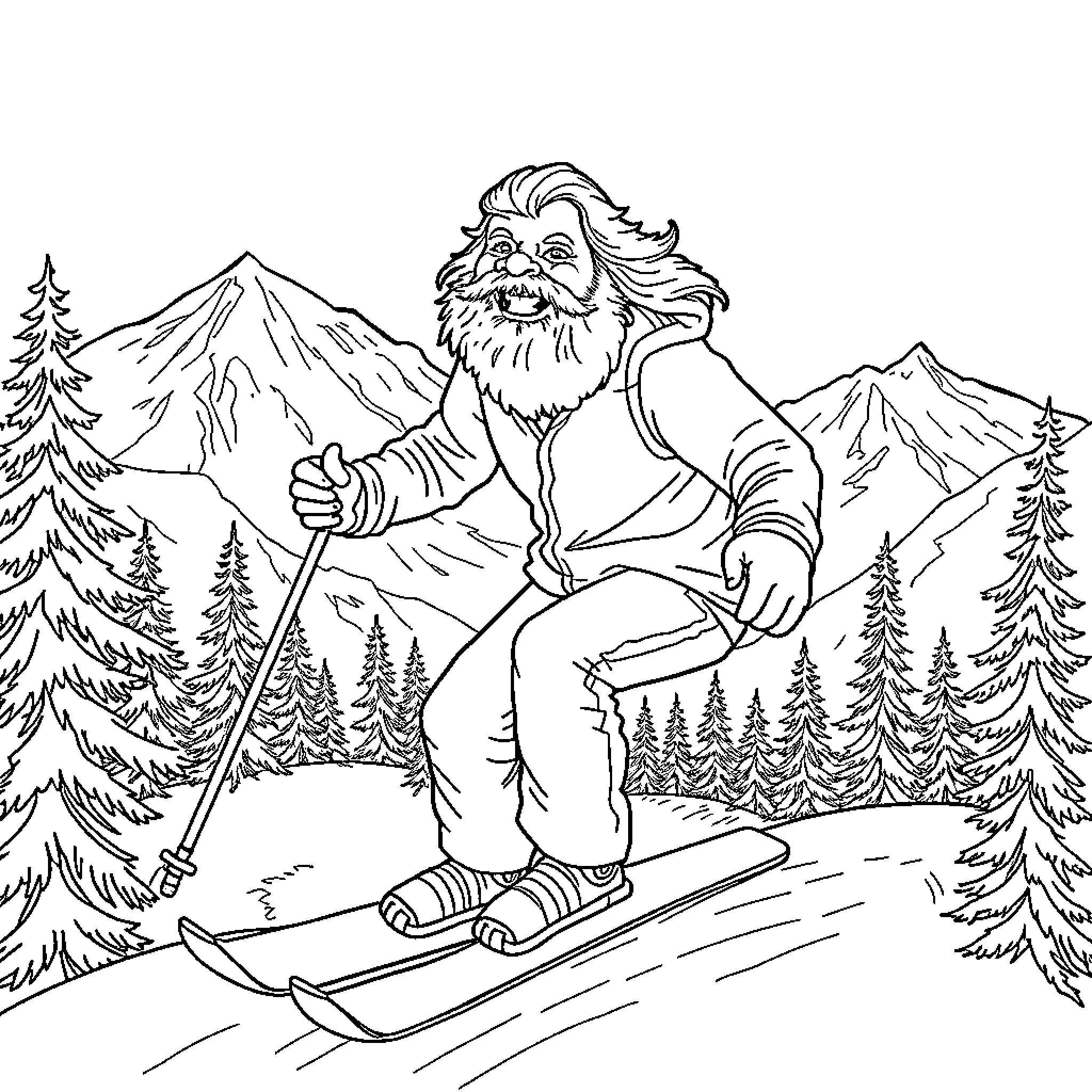 Jerry Garcia skiing down snowy mountain slopes Coloring Page (free black-and-white line drawing printable PDF for all, from beginners to advanced learners, including children, teens, adults, and seniors)