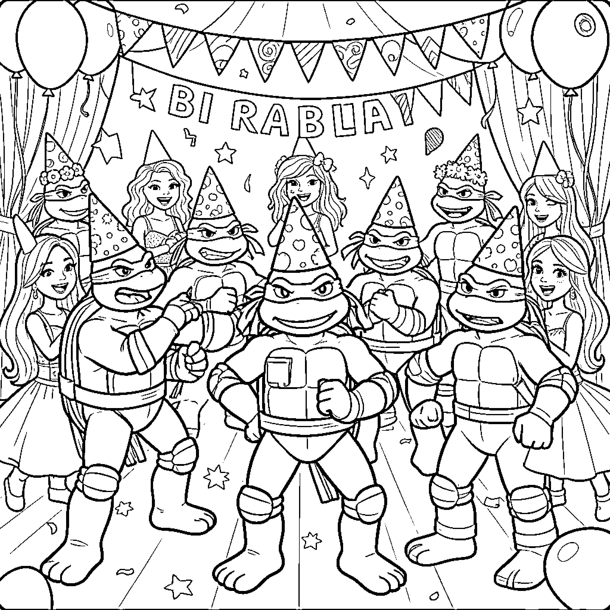 Ninja Turtle Birthday Party Celebration Coloring Page (free black-and-white line drawing printable PDF for all, from beginners to advanced learners, including children, teens, adults, and seniors)