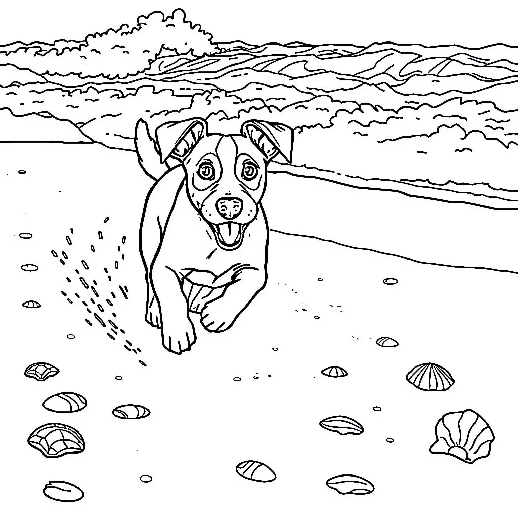 Jack Russell playing on the beach Coloring Page (free black-and-white line drawing printable PDF for all, from beginners to advanced learners, including children, teens, adults, and seniors)