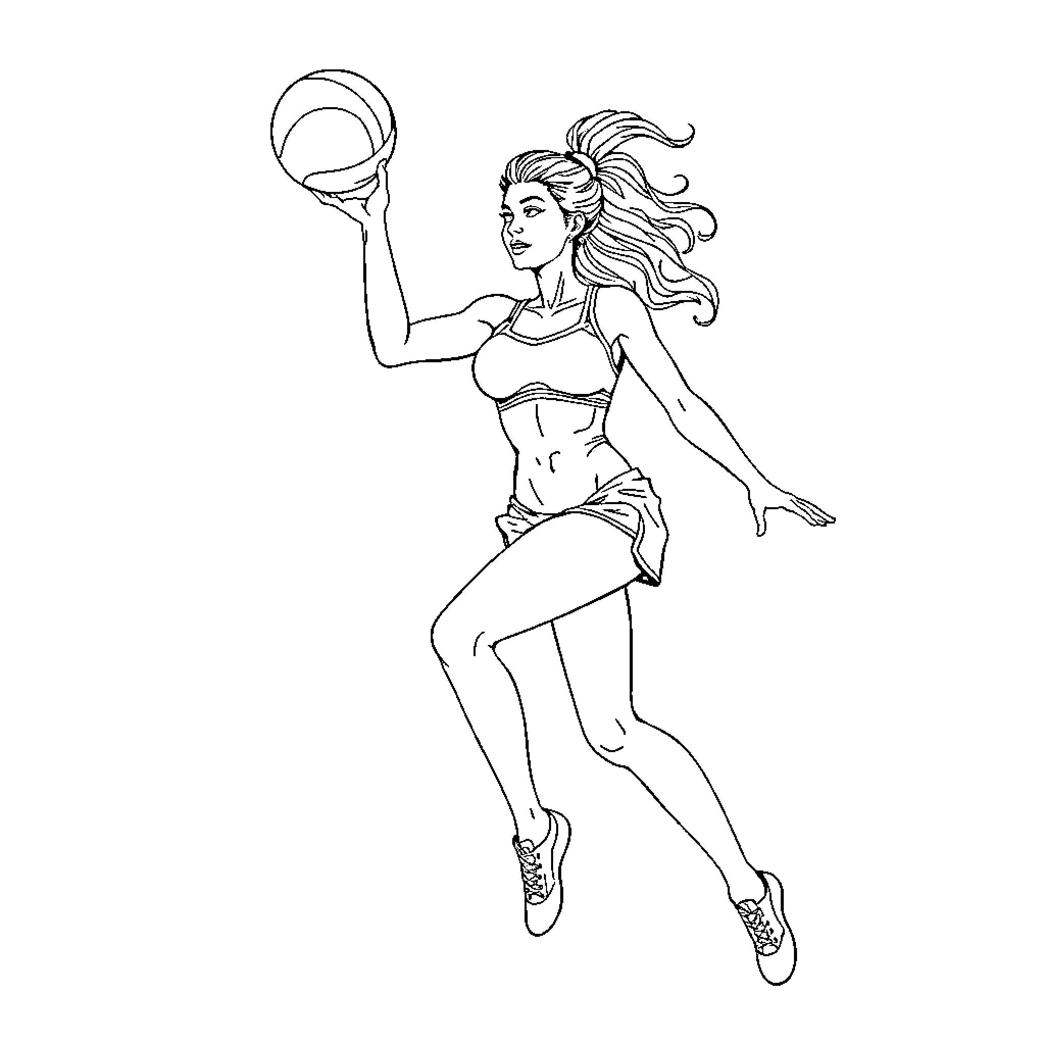 Wordenwoman playing volleyball enthusiastically Coloring Page (free black-and-white line drawing printable PDF for all, from beginners to advanced learners, including children, teens, adults, and seniors)
