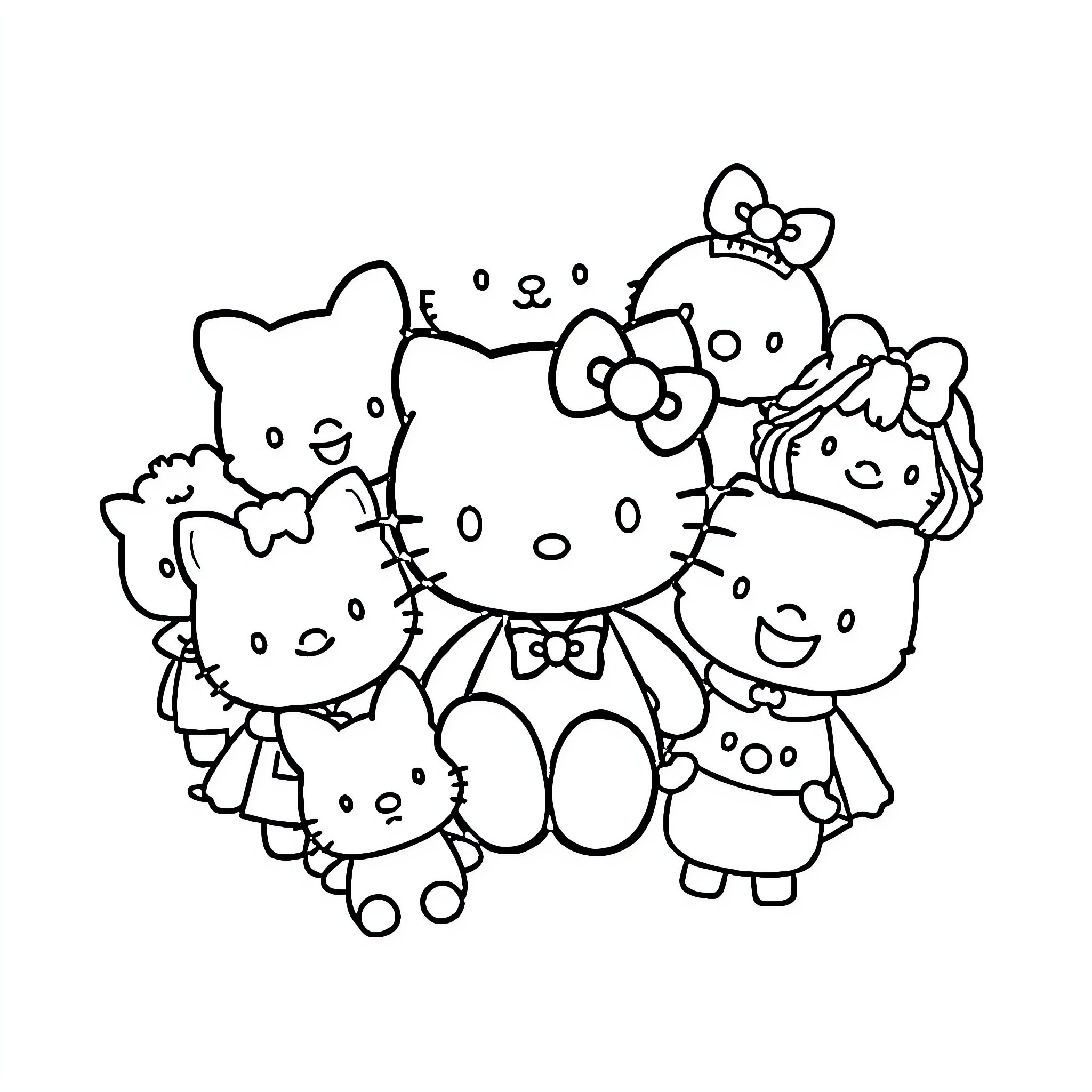 Hello Kitty and Friends Gather Together Coloring Page (free black-and-white line drawing printable PDF for all, from beginners to advanced learners, including children, teens, adults, and seniors)