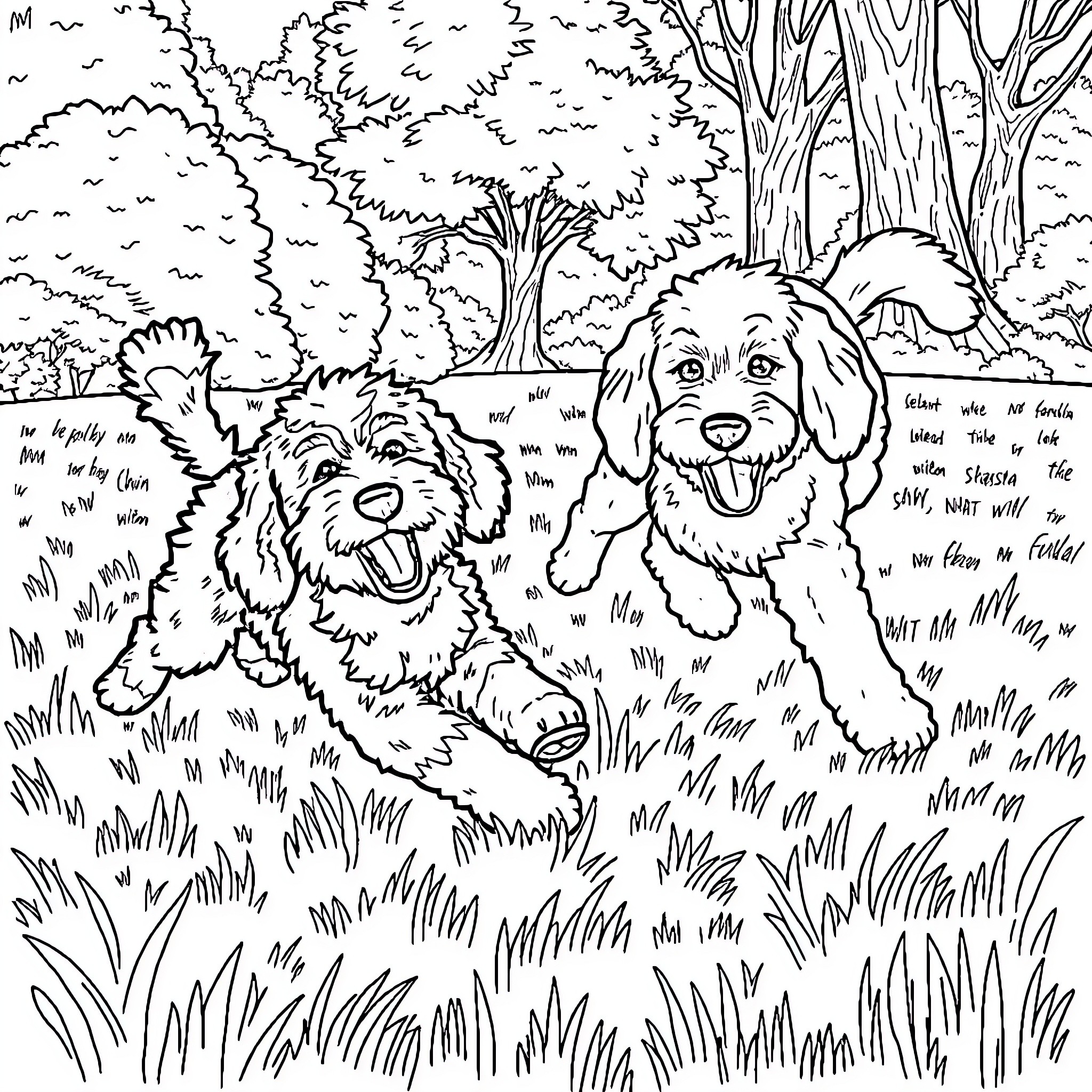 Doodle of playful dogs exploring the forest Coloring Page (free black-and-white line drawing printable PDF for all, from beginners to advanced learners, including children, teens, adults, and seniors)
