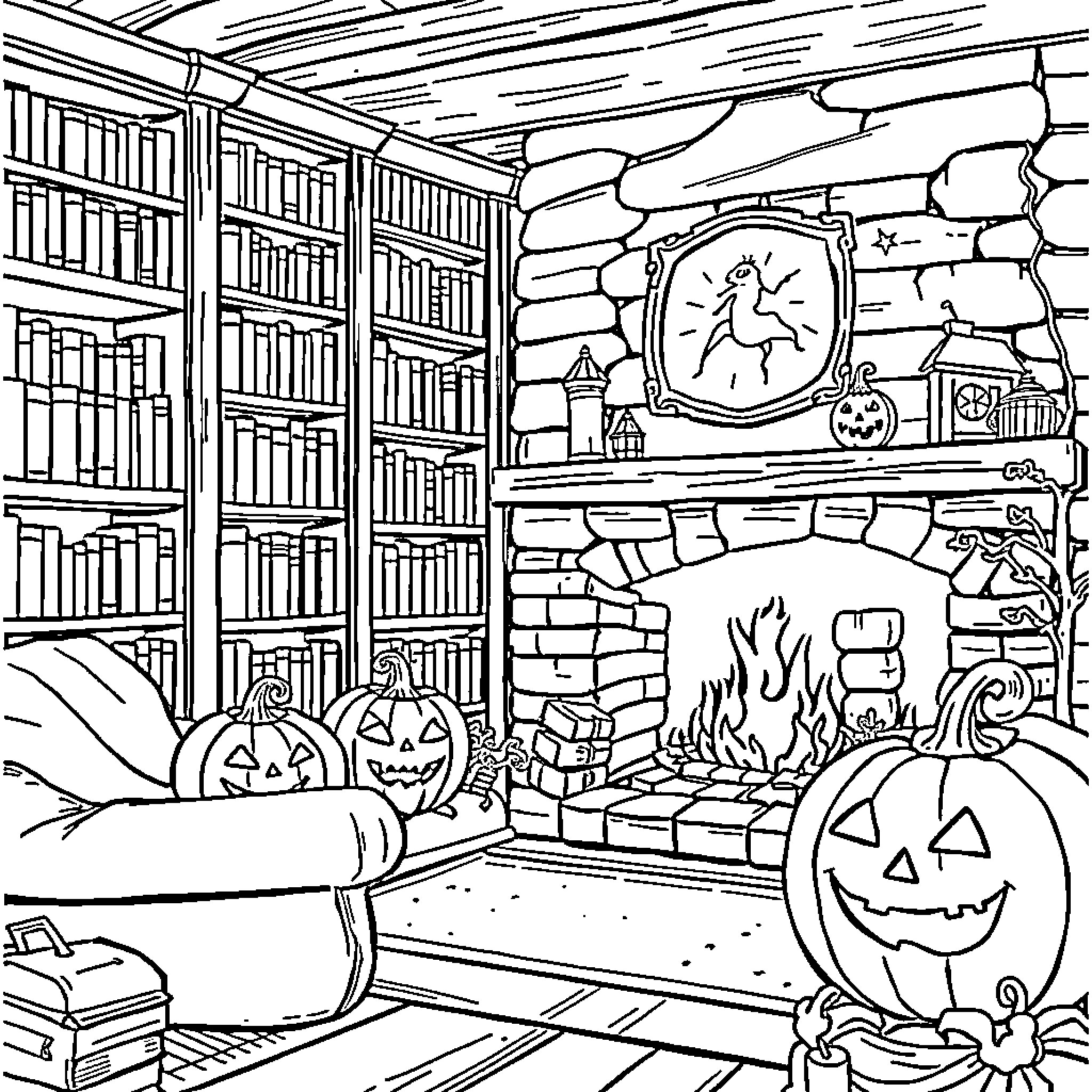 Library of Halloween Decor and Scenes Coloring Page (free black-and-white line drawing printable PDF for all, from beginners to advanced learners, including children, teens, adults, and seniors)
