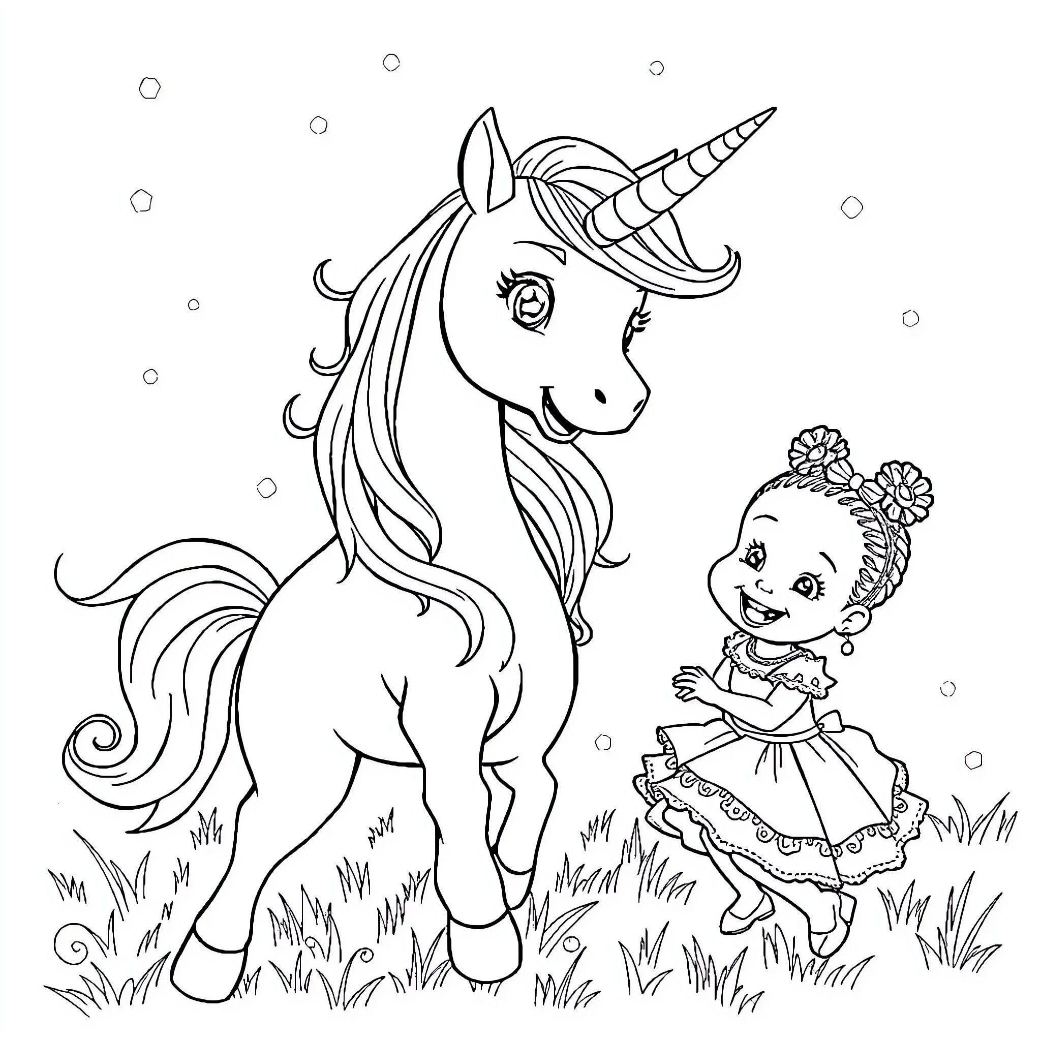 Unicorn and Girl Exploring the Enchanted Forest Coloring Page (free black-and-white line drawing printable PDF for all, from beginners to advanced learners, including children, teens, adults, and seniors)