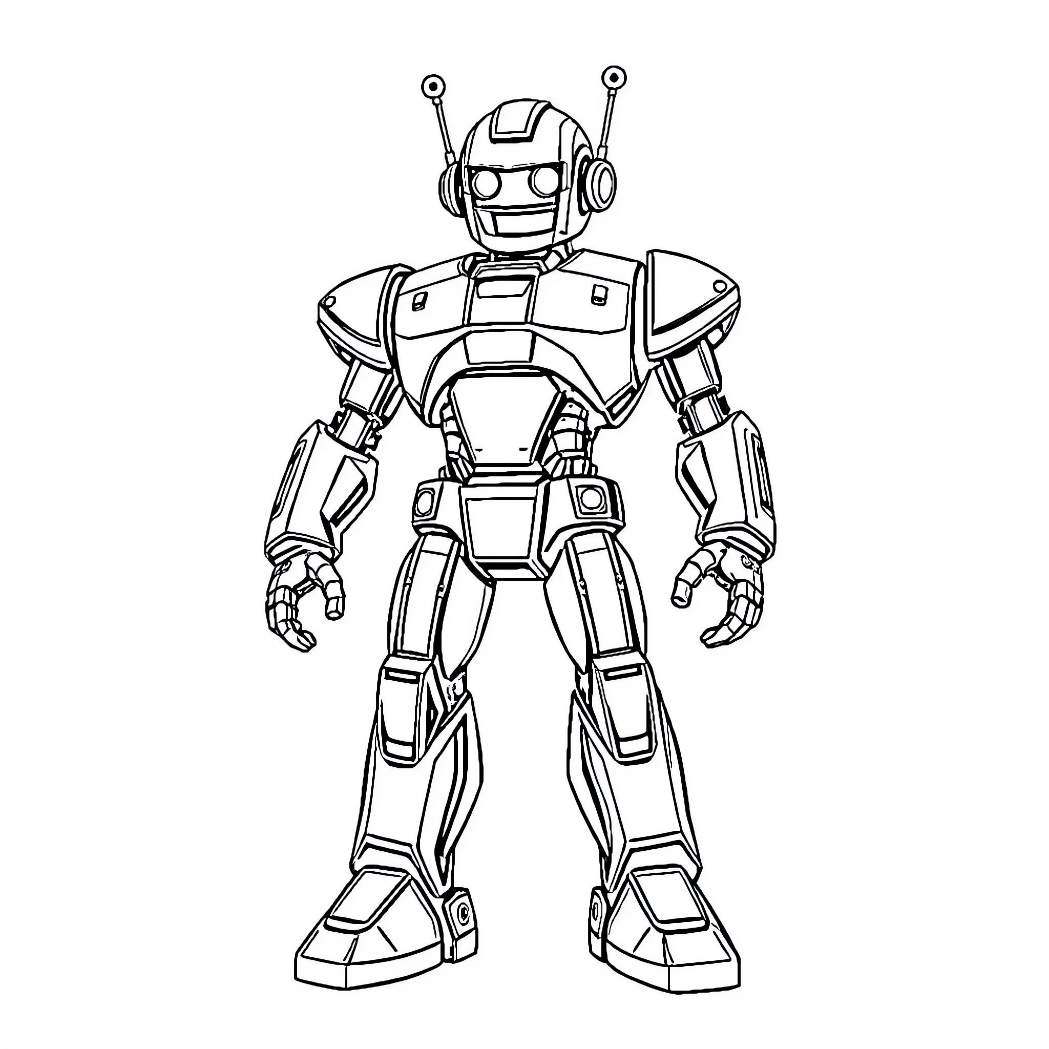 Robot in mechanical suit posing confidently Coloring Page (free black-and-white line drawing printable PDF for all, from beginners to advanced learners, including children, teens, adults, and seniors)