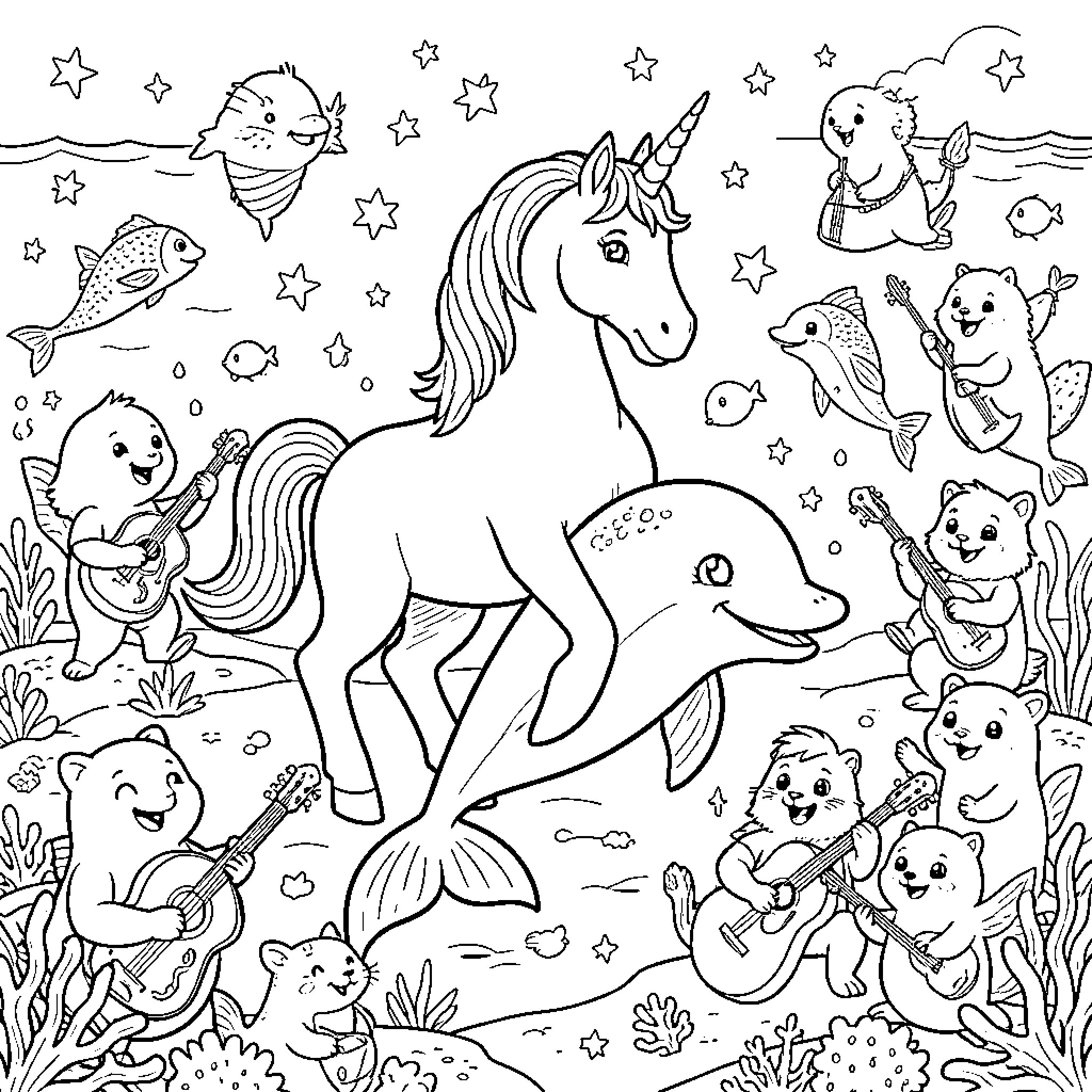 Unicorn and friends in magical underwater scene Coloring Page (free black-and-white line drawing printable PDF for all, from beginners to advanced learners, including children, teens, adults, and seniors)