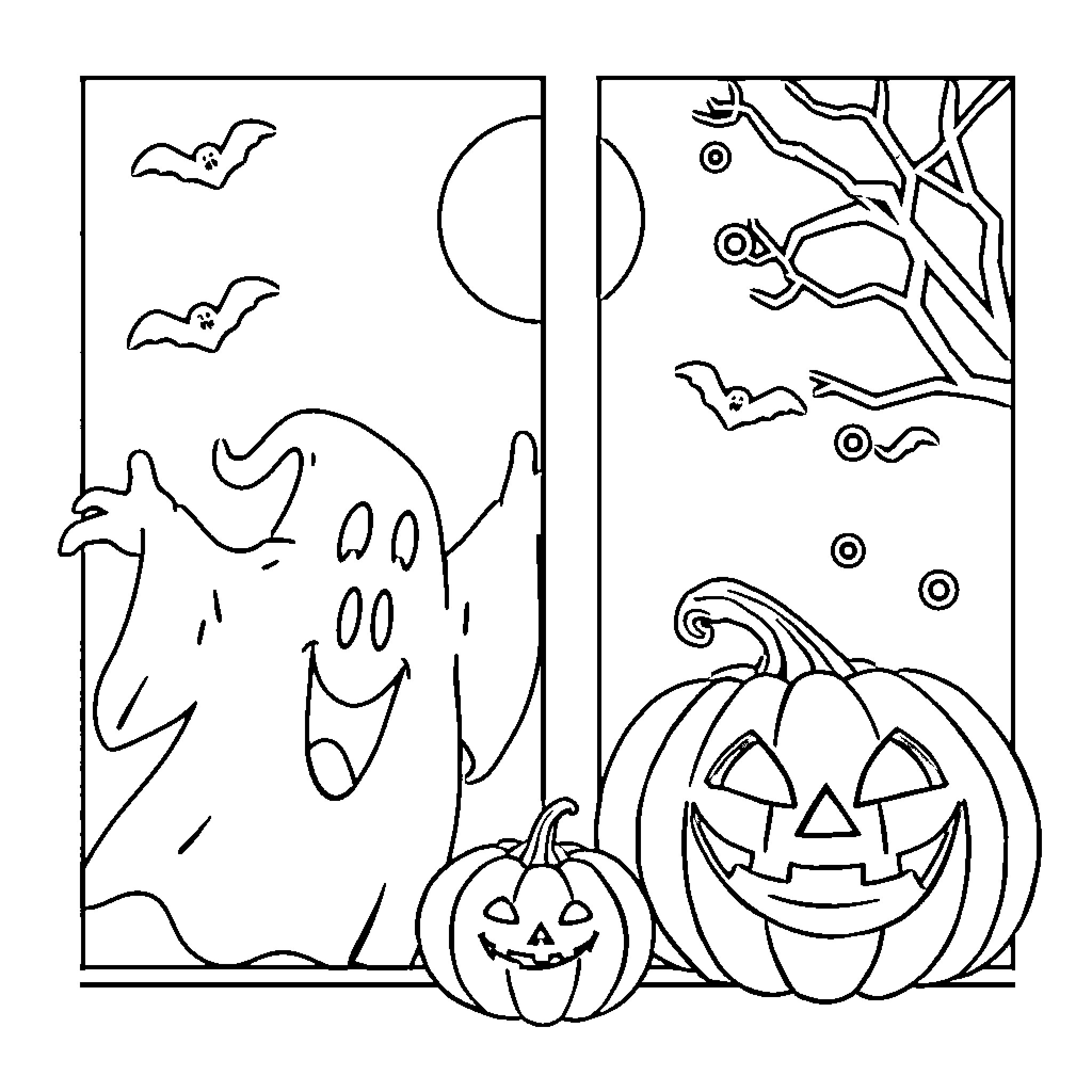 Halloween Ghostly Scenes and Pumpkin Decorations Coloring Page (free black-and-white line drawing printable PDF for all, from beginners to advanced learners, including children, teens, adults, and seniors)