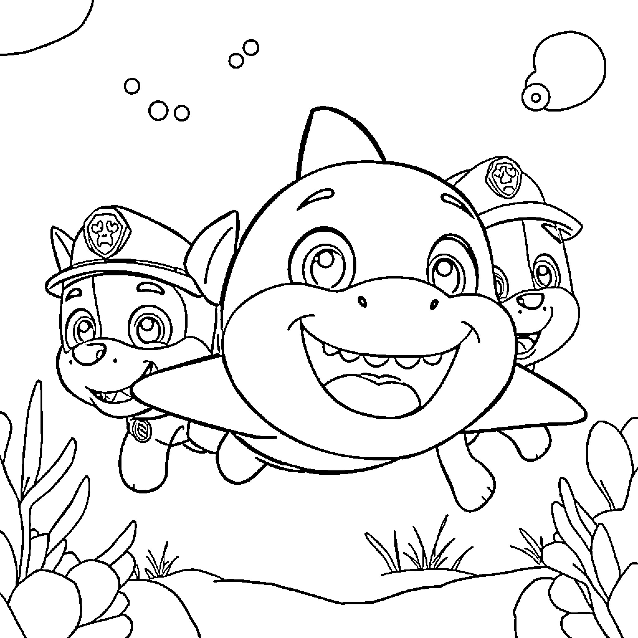 Shark friends exploring underwater Coloring Page (free black-and-white line drawing printable PDF for all, from beginners to advanced learners, including children, teens, adults, and seniors)