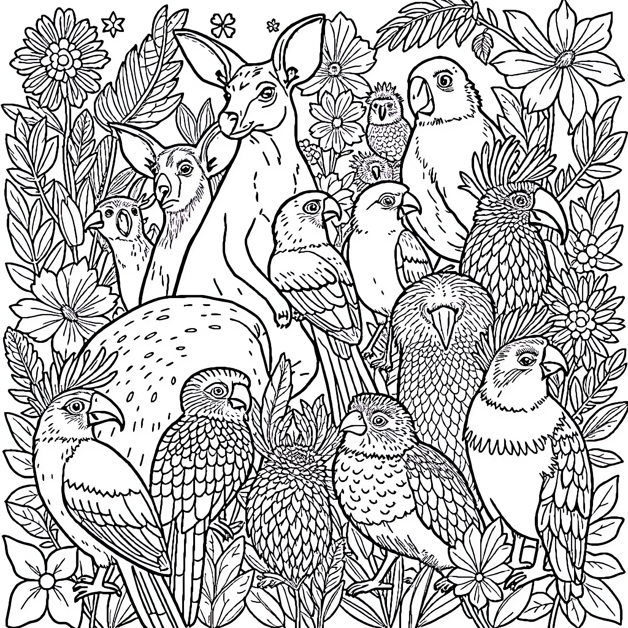 Animal Forest Friends in Blooming Garden Coloring Page (free black-and-white line drawing printable PDF for all, from beginners to advanced learners, including children, teens, adults, and seniors)