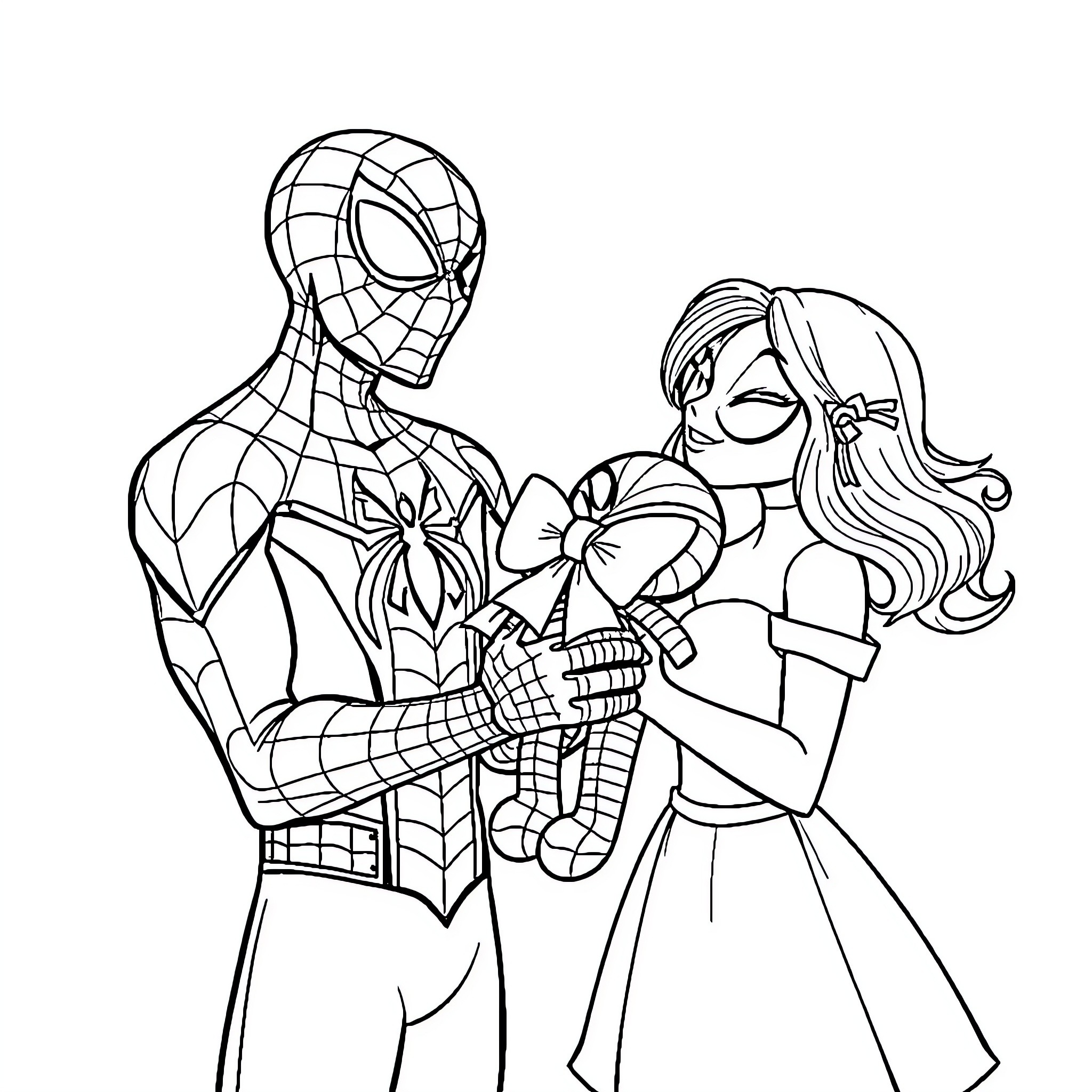 Spiderman and friend in dynamic poses Coloring Page (free black-and-white line drawing printable PDF for all, from beginners to advanced learners, including children, teens, adults, and seniors)