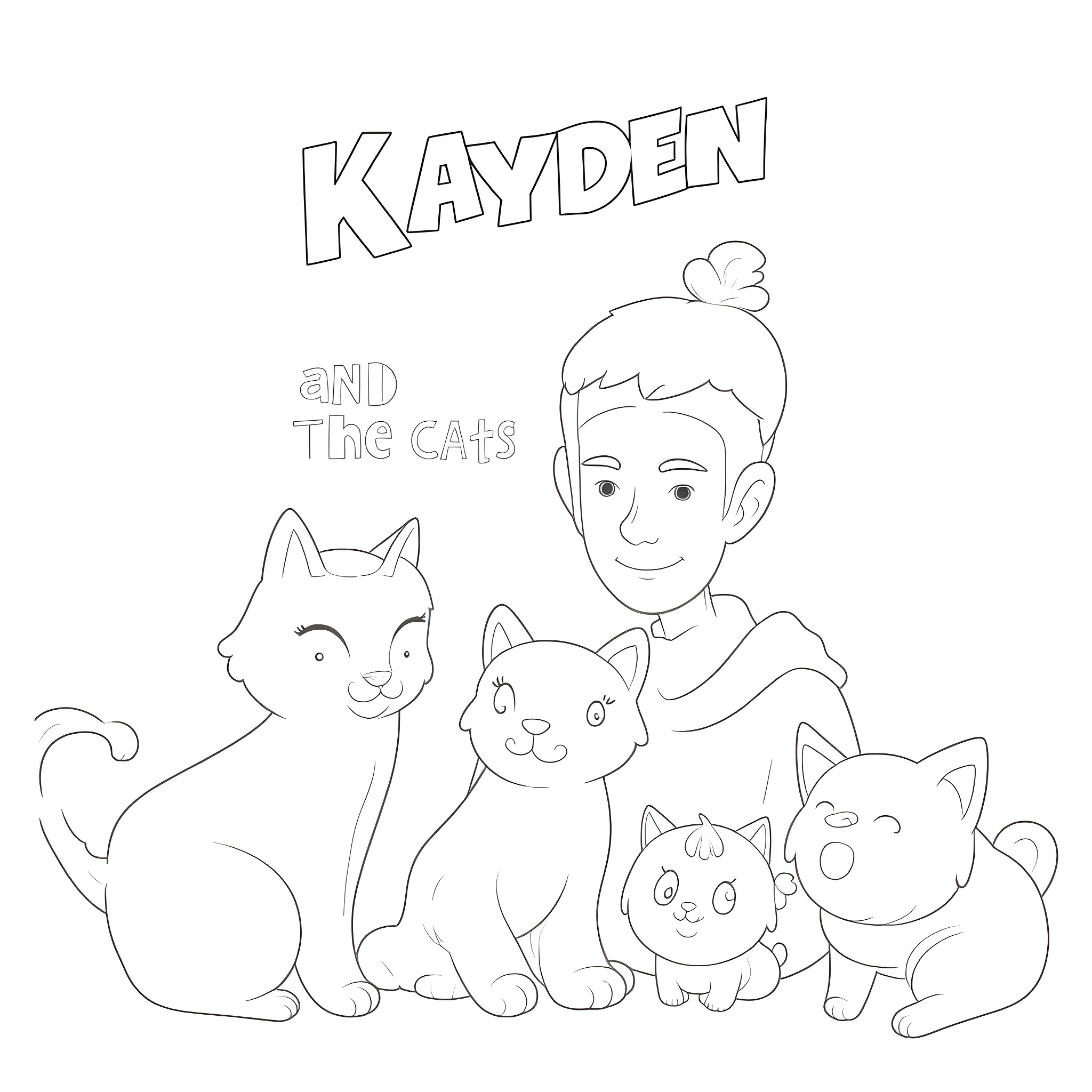 Kayden and the Cats Coloring Page (free black-and-white line drawing printable PDF for all, from beginners to advanced learners, including children, teens, adults, and seniors)