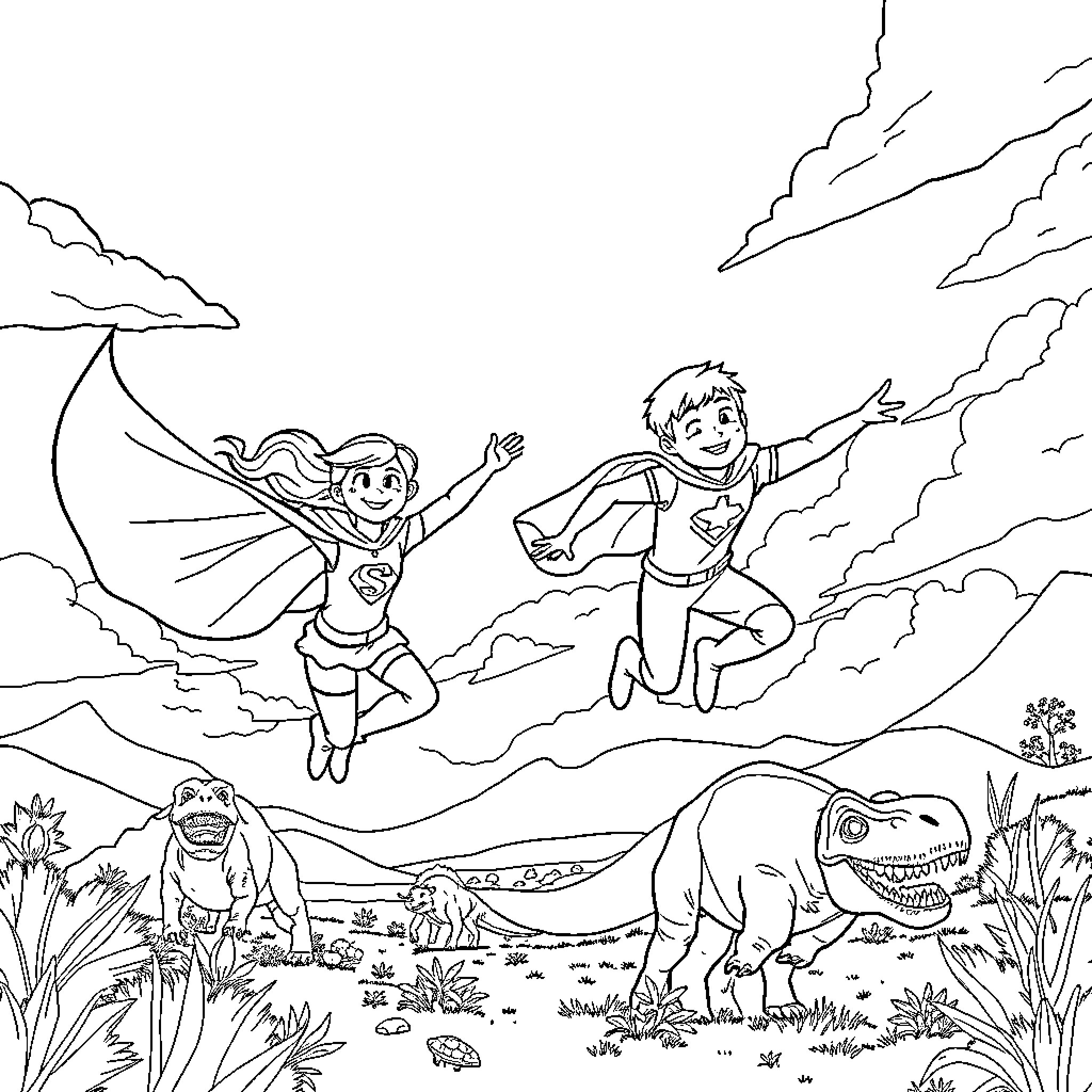 Superhero children exploring the prehistoric landscape Coloring Page (free black-and-white line drawing printable PDF for all, from beginners to advanced learners, including children, teens, adults, and seniors)