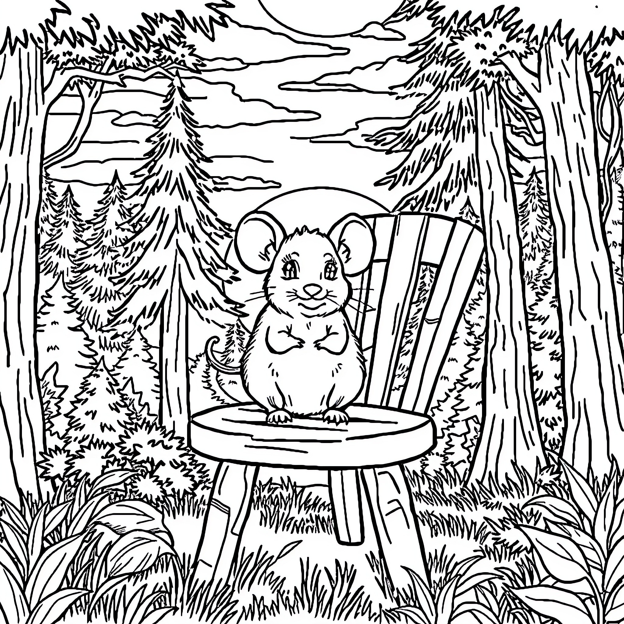 Mouse relaxing in a forest chair Coloring Page (free black-and-white line drawing printable PDF for all, from beginners to advanced learners, including children, teens, adults, and seniors)