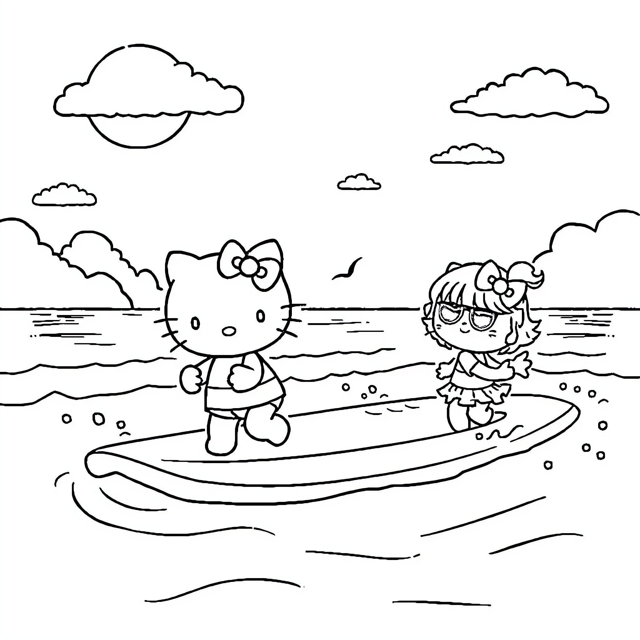 Hello Kitty surfing with friends at the beach Coloring Page (free black-and-white line drawing printable PDF for all, from beginners to advanced learners, including children, teens, adults, and seniors)