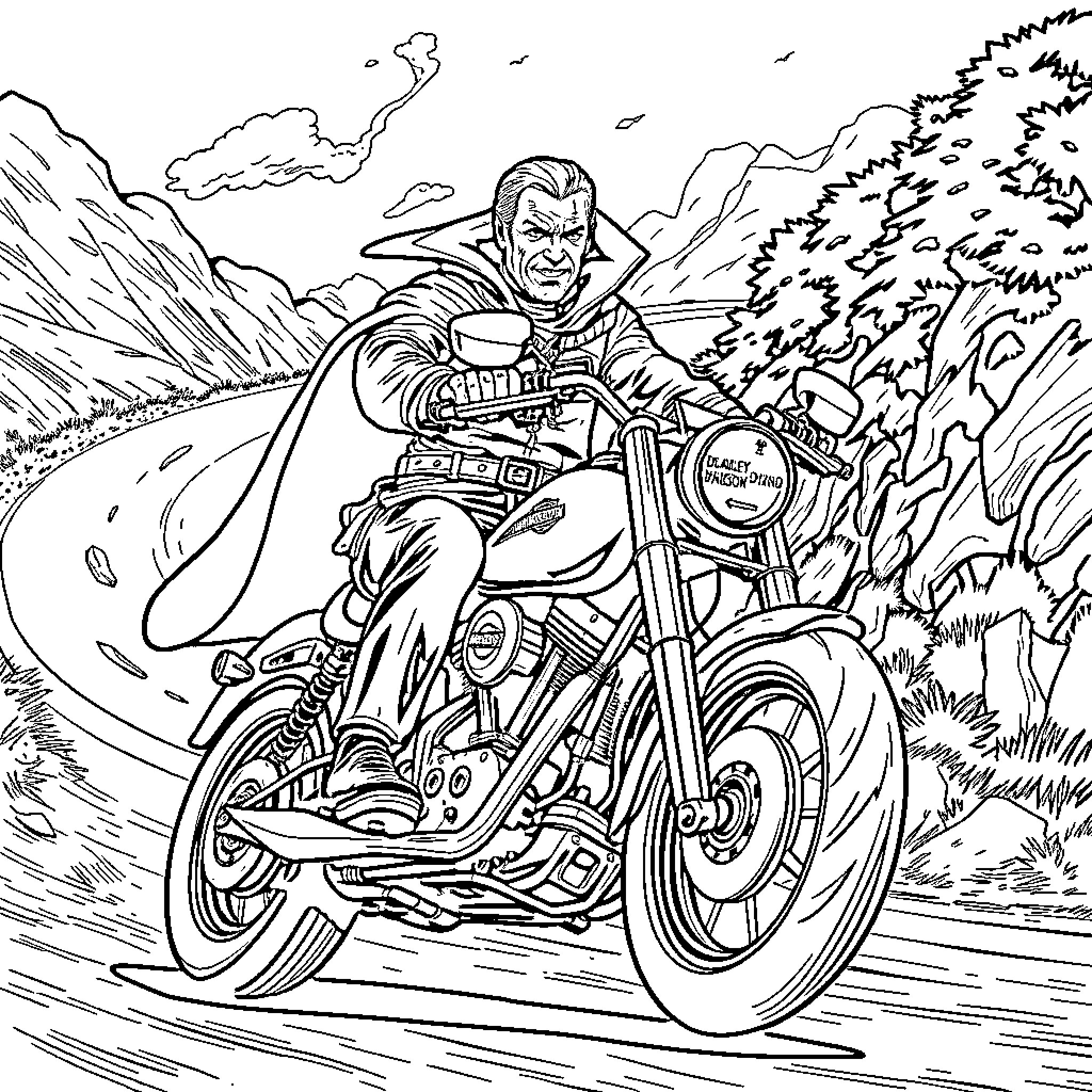 Dr. Strange riding a motorcycle through a rugged landscape Coloring Page (free black-and-white line drawing printable PDF for all, from beginners to advanced learners, including children, teens, adults, and seniors)