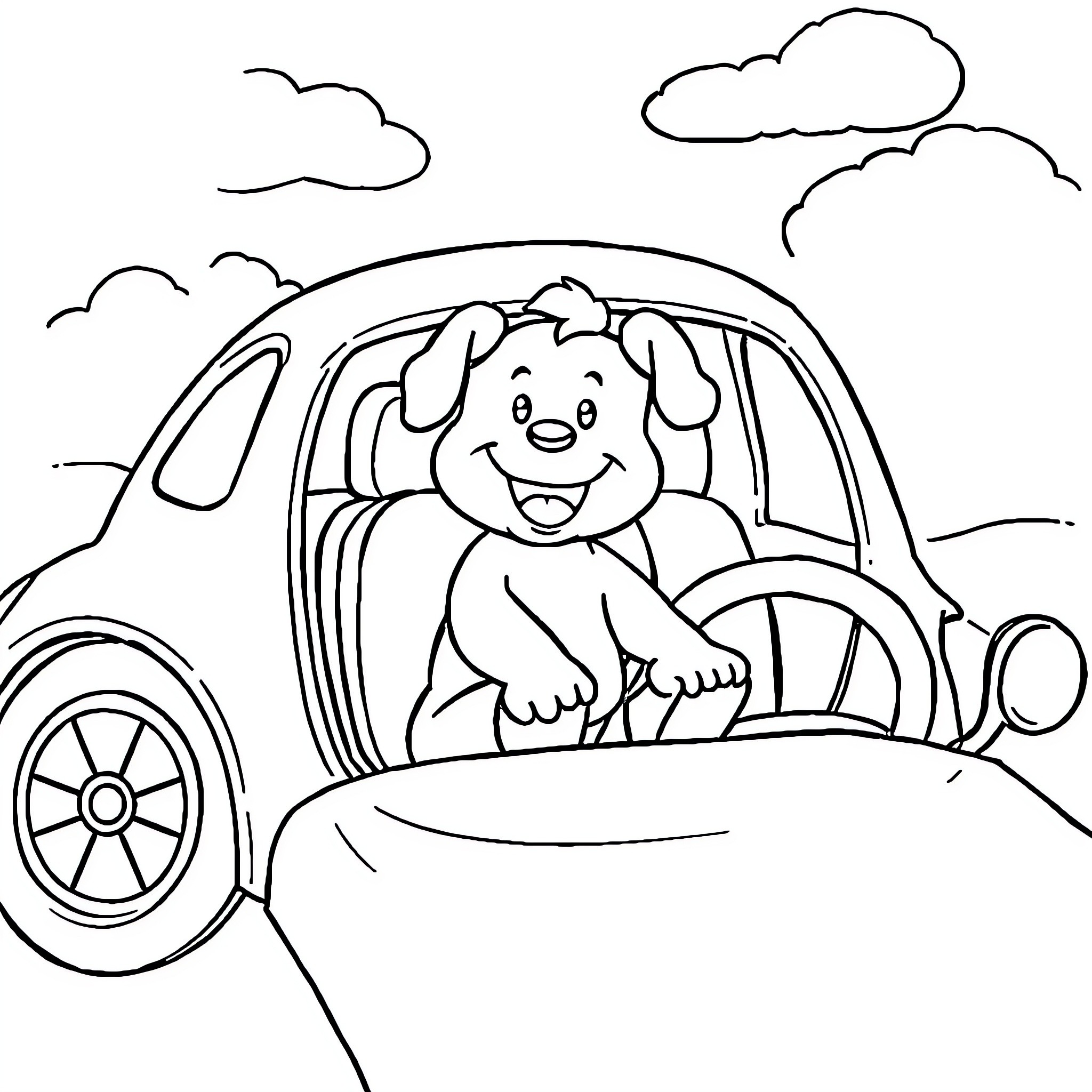 Diddl driving joyfully in car Coloring Page (free black-and-white line drawing printable PDF for all, from beginners to advanced learners, including children, teens, adults, and seniors)