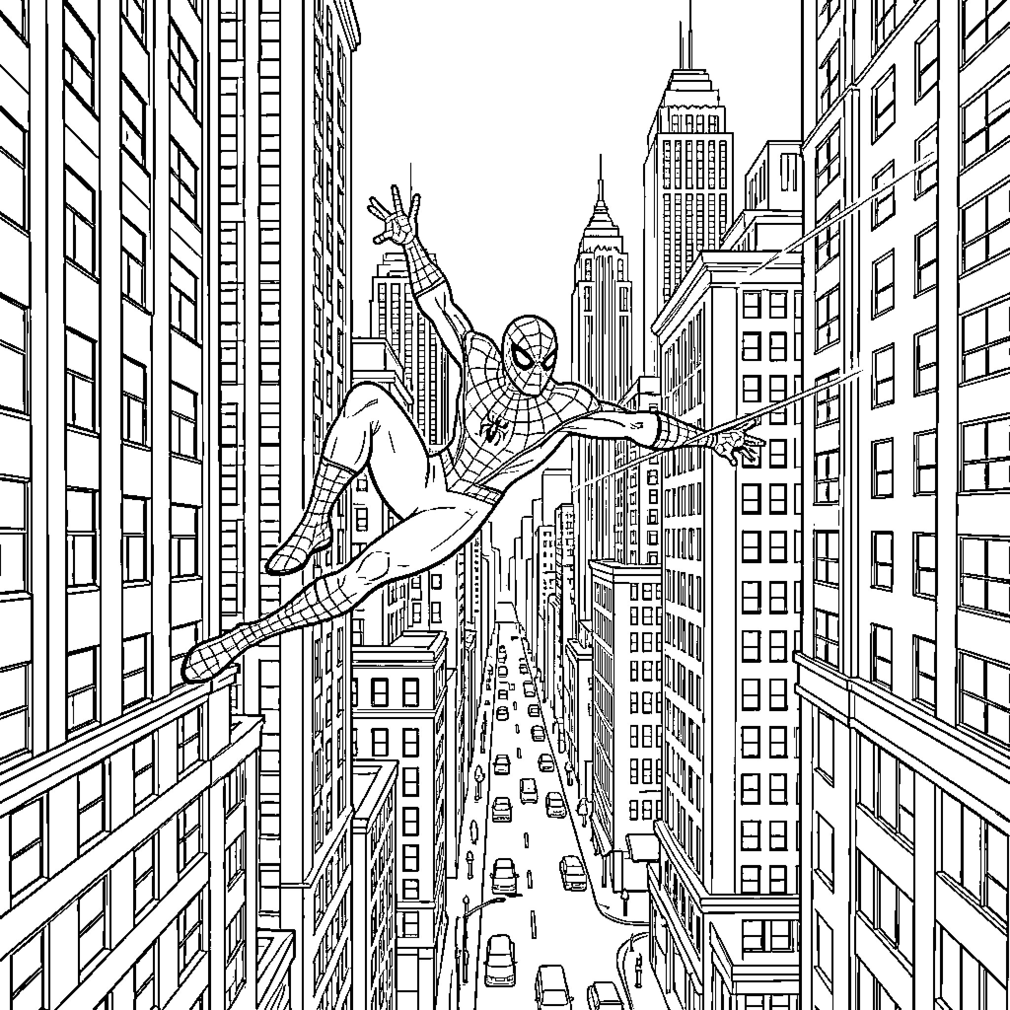 Spiderman swinging through a canyon of skyscrapers Coloring Page (free black-and-white line drawing printable PDF for all, from beginners to advanced learners, including children, teens, adults, and seniors)