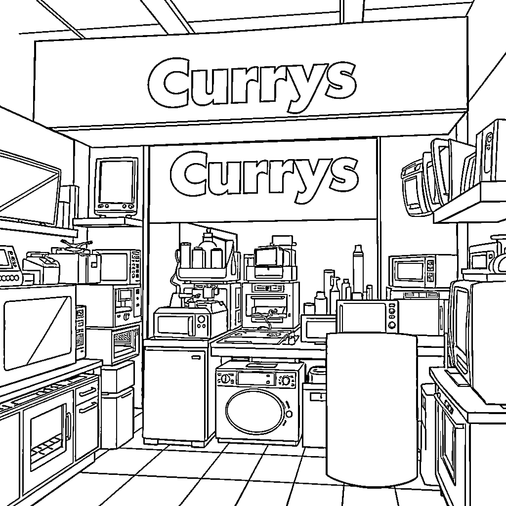 Curry store interior with household appliances Coloring Page (free black-and-white line drawing printable PDF for all, from beginners to advanced learners, including children, teens, adults, and seniors)