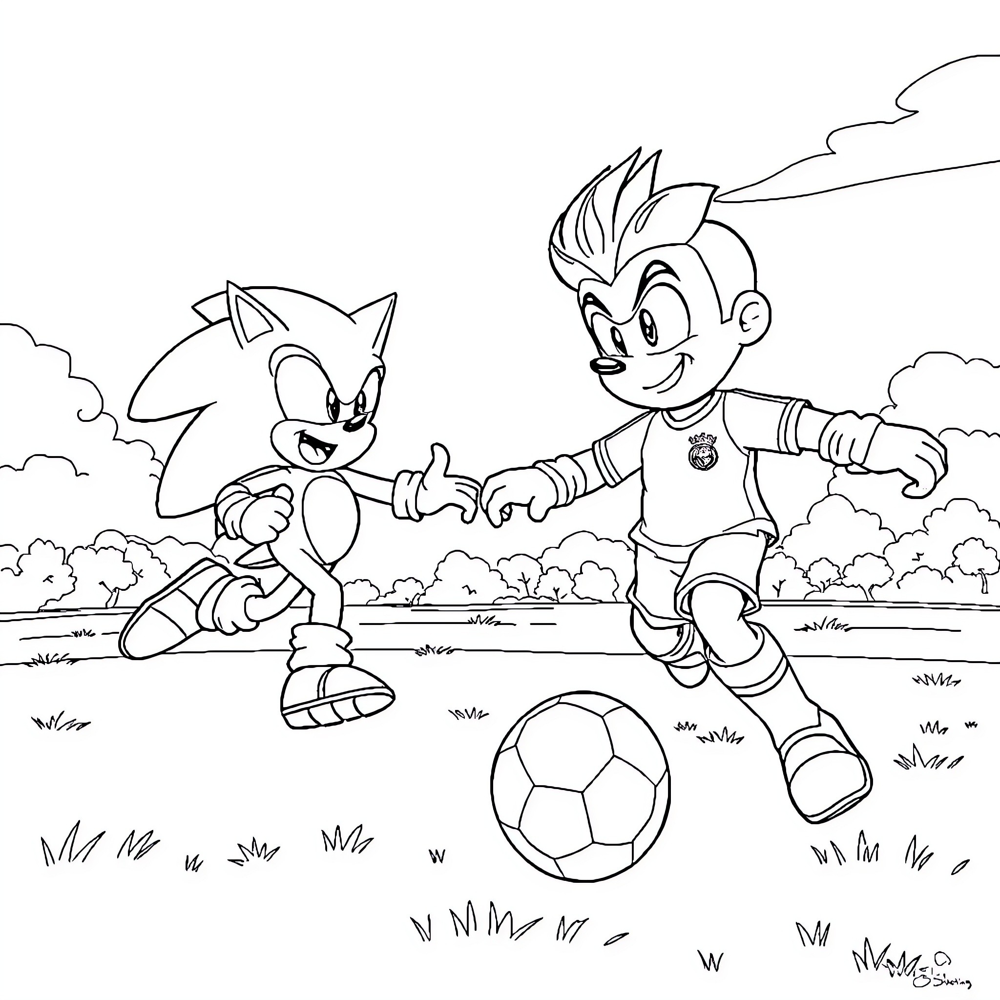 Sonic and Friend Playing Soccer on the Field Coloring Page (free black-and-white line drawing printable PDF for all, from beginners to advanced learners, including children, teens, adults, and seniors)